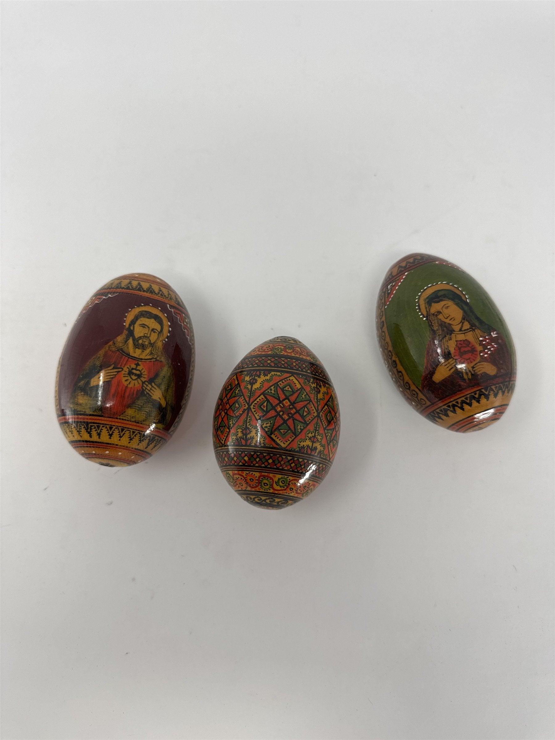 Set of 3 Russian Orthodox Wood Easter Eggs Hand Painted Jesus Mary Religious Ico
