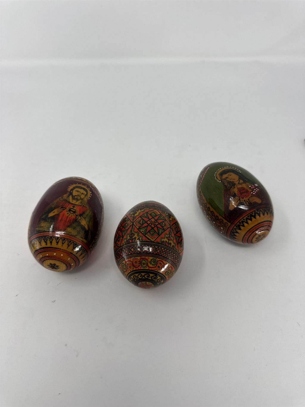 Set of 3 Russian Orthodox Wood Easter Eggs Hand Painted Jesus Mary Religious Ico