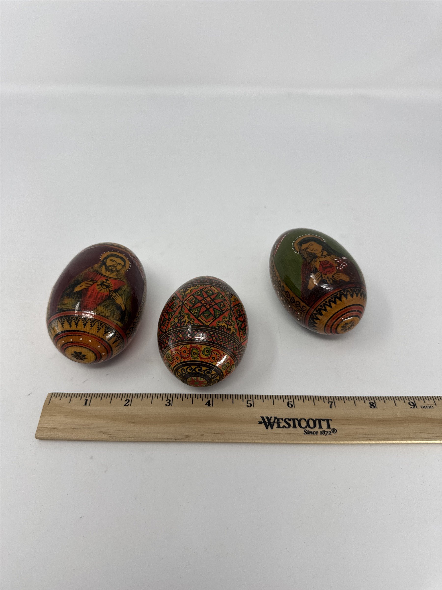 Set of 3 Russian Orthodox Wood Easter Eggs Hand Painted Jesus Mary Religious Ico