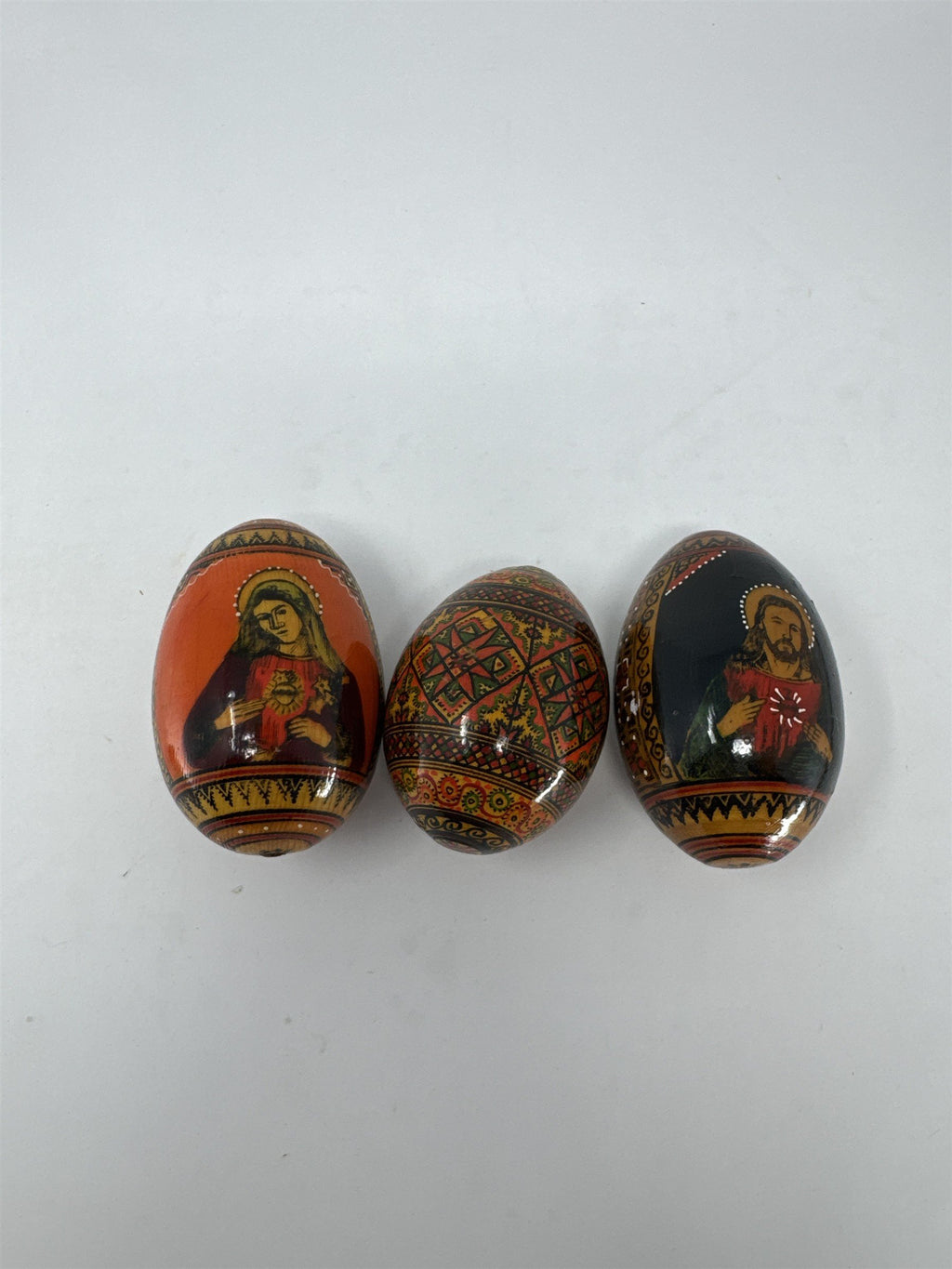 Set of 3 Russian Orthodox Wood Easter Eggs Hand Painted Jesus Mary Religious Ico