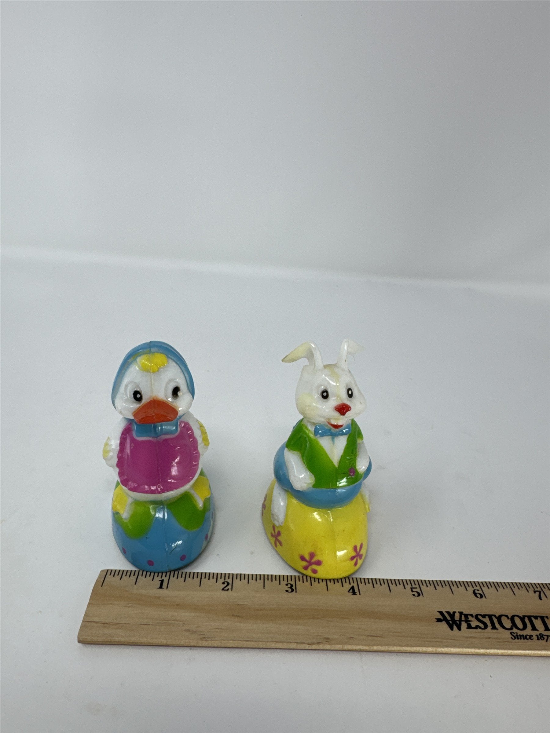 Vintage 1980s Set of 2 Hard Plastic Toys Easter Bunny and Duck on Wheels Hong Ko