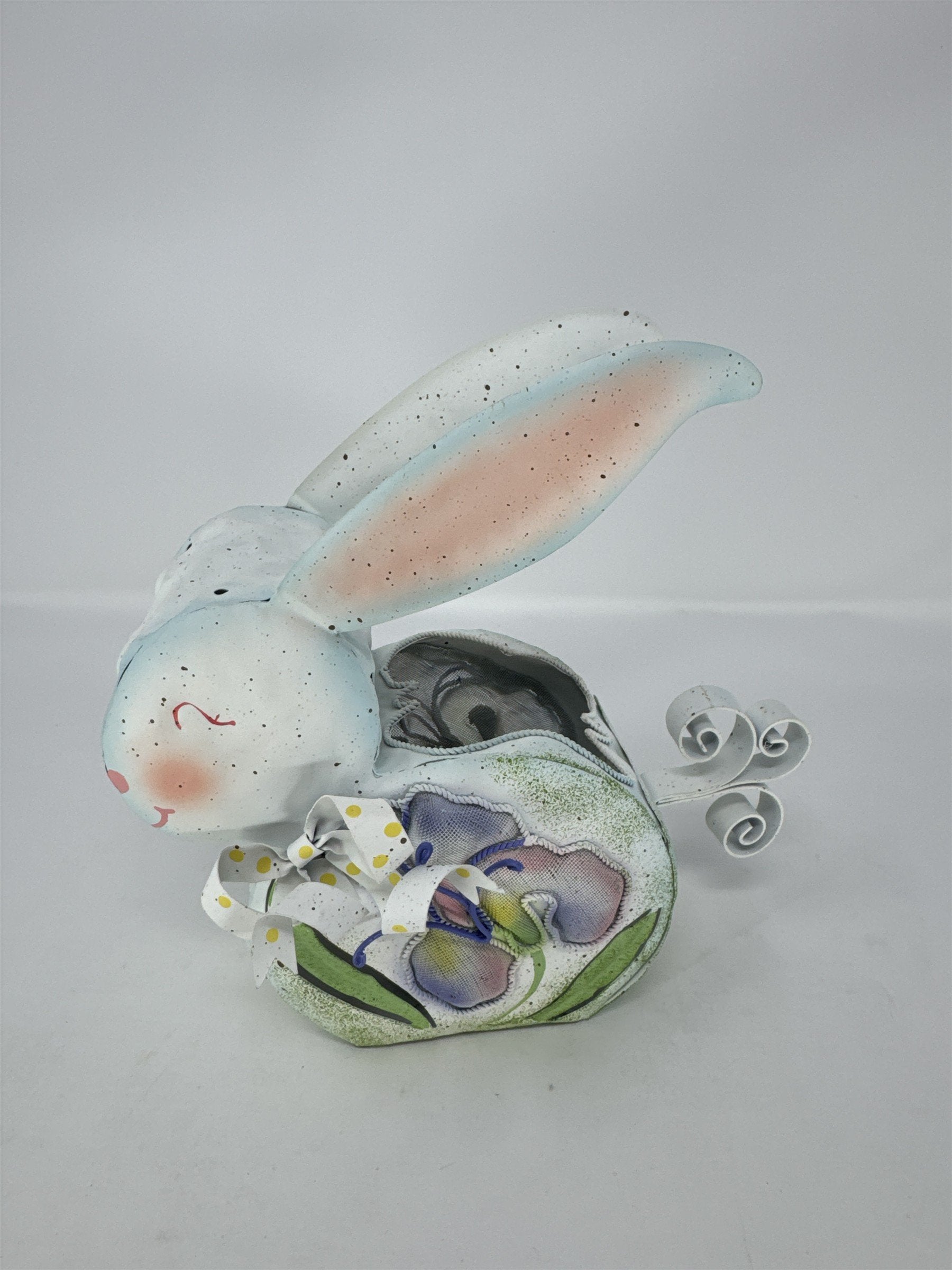 Vintage Home Interiors Metal Easter Bunny Votive Candle Holder Floral Mesh Tin