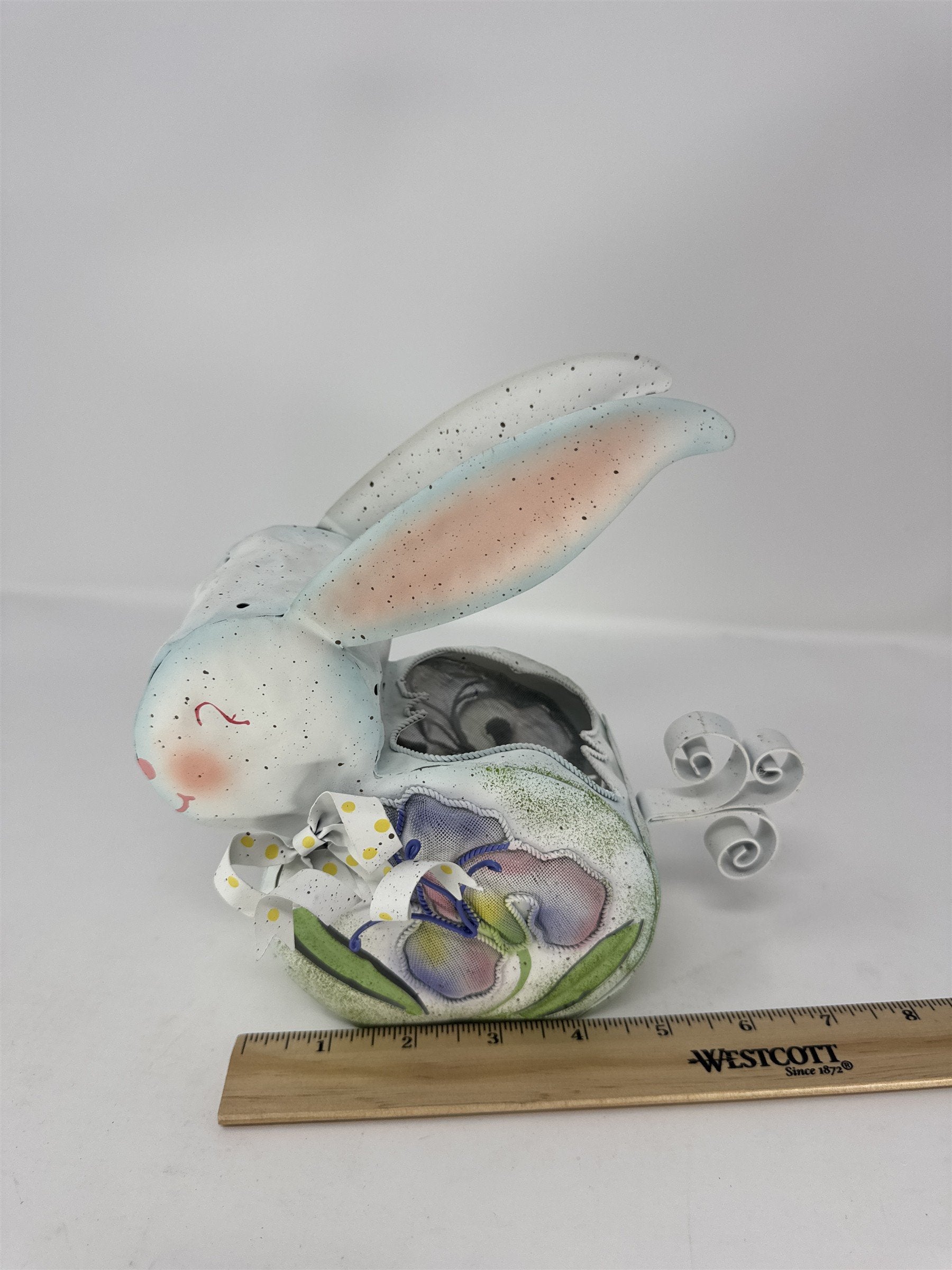 Vintage Home Interiors Metal Easter Bunny Votive Candle Holder Floral Mesh Tin