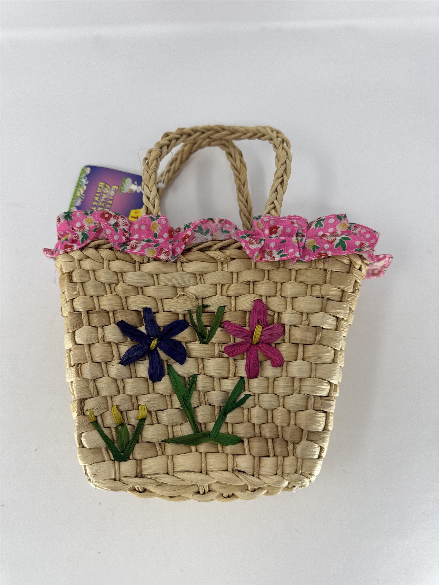 Vintage Easter Maize Basket Woven Wicker Floral Pink Lining Ruffle with Handles