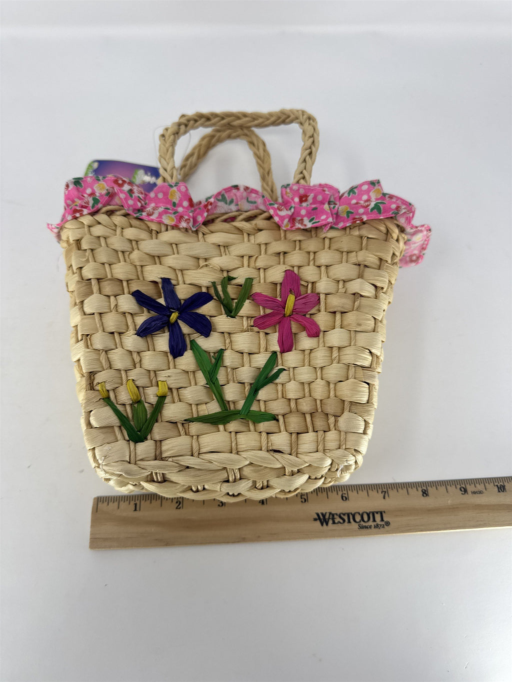 Vintage Easter Maize Basket Woven Wicker Floral Pink Lining Ruffle with Handles