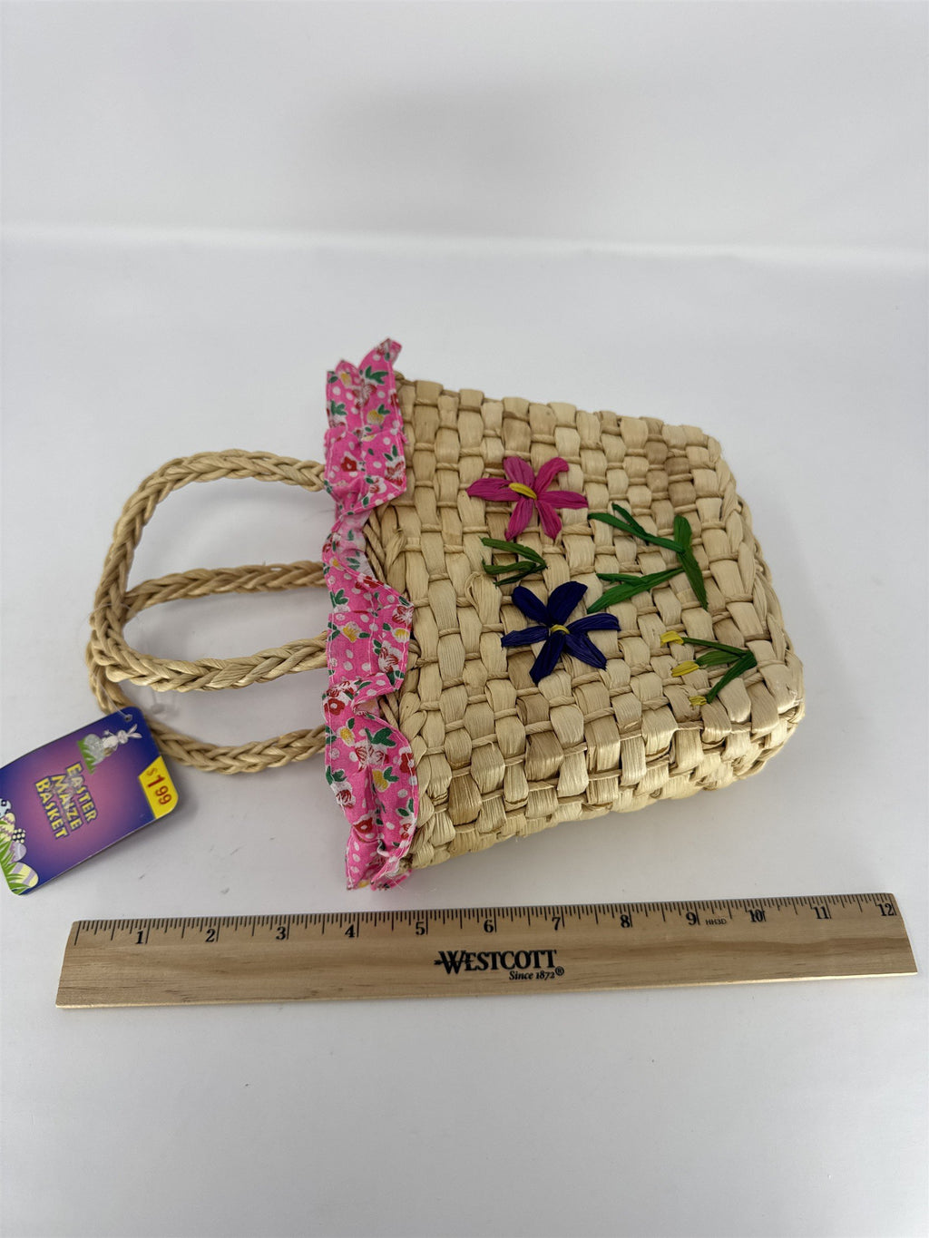 Vintage Easter Maize Basket Woven Wicker Floral Pink Lining Ruffle with Handles
