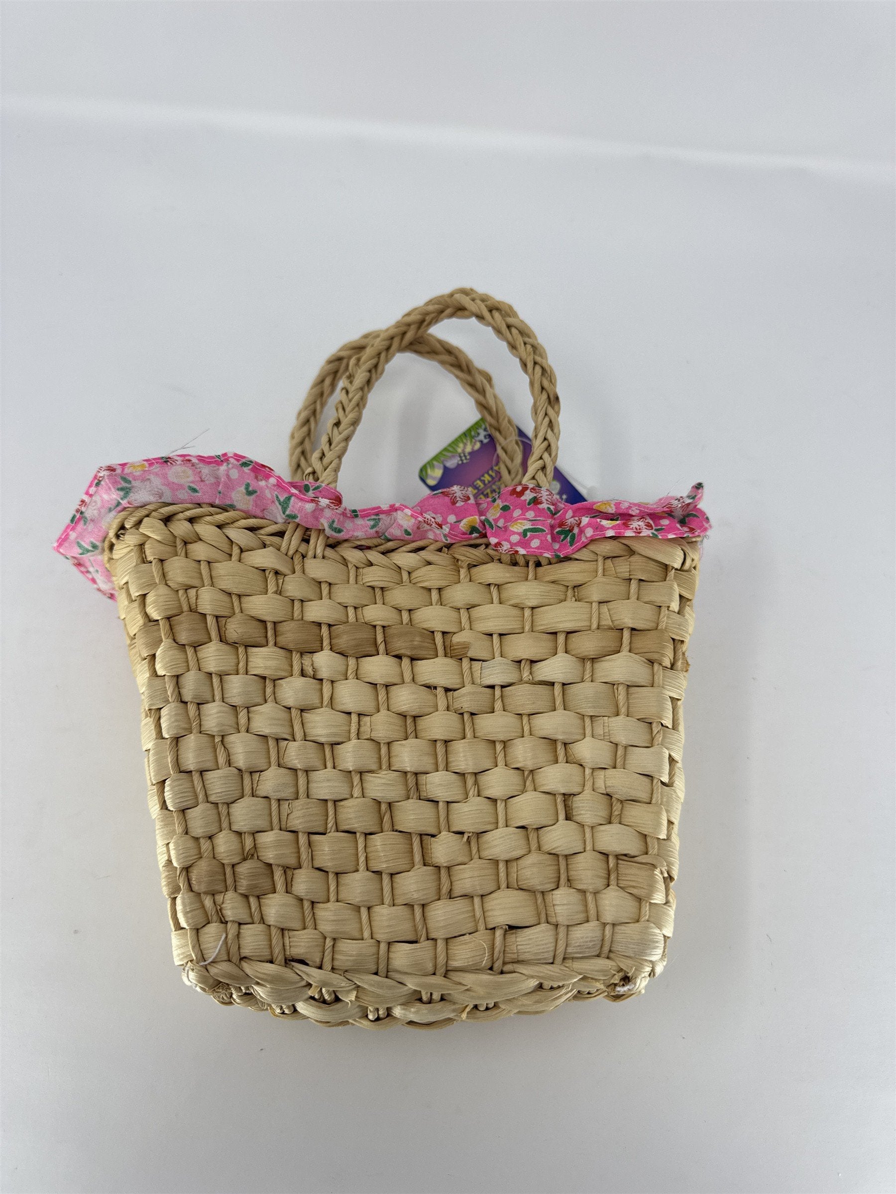Vintage Easter Maize Basket Woven Wicker Floral Pink Lining Ruffle with Handles