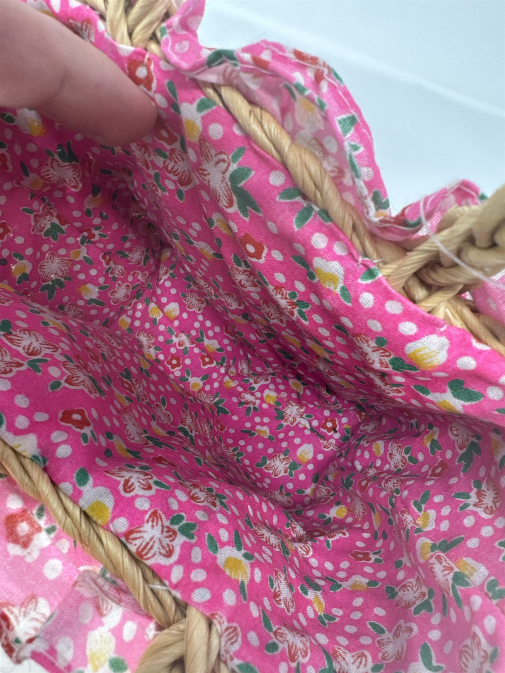 Vintage Easter Maize Basket Woven Wicker Floral Pink Lining Ruffle with Handles