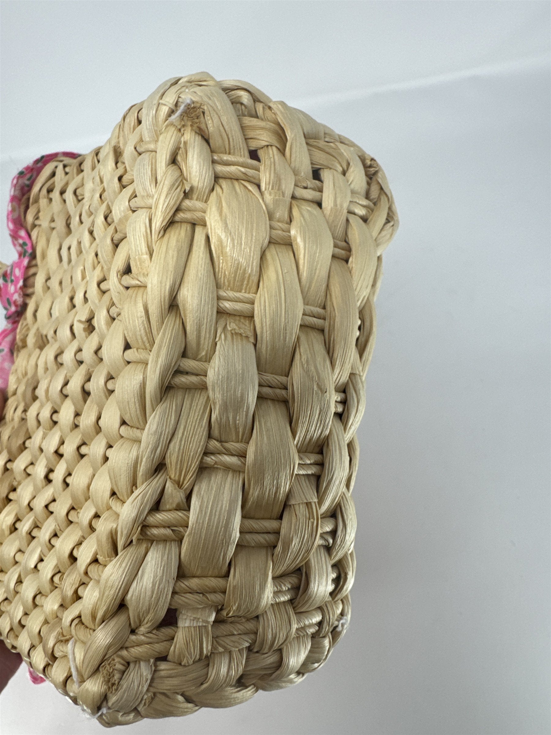 Vintage Easter Maize Basket Woven Wicker Floral Pink Lining Ruffle with Handles