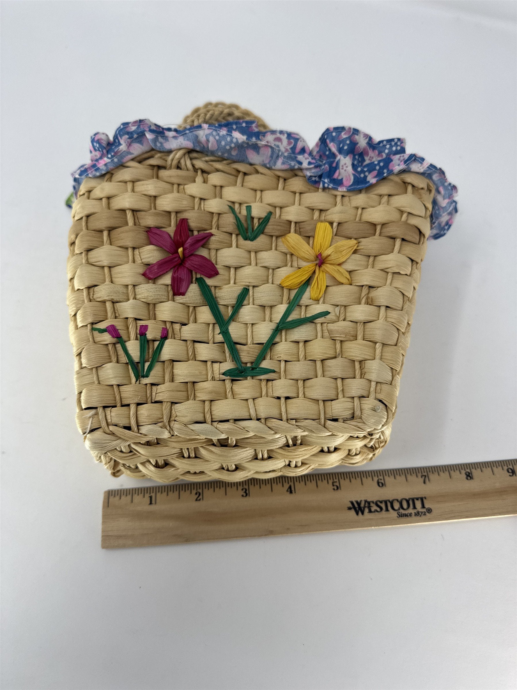 Vintage Easter Maize Basket Woven Wicker Pink Floral Ruffle Lining with Handles