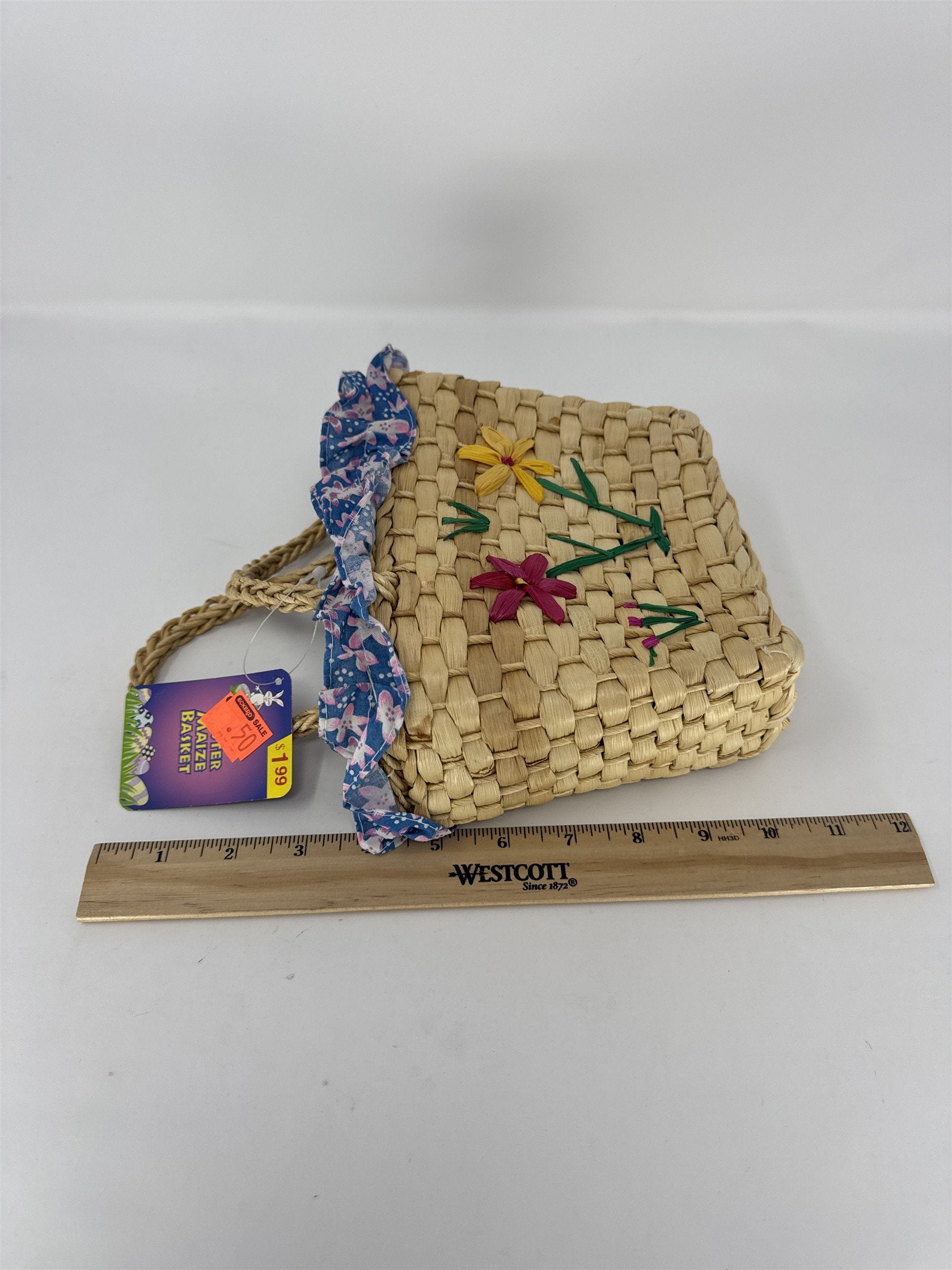 Vintage Easter Maize Basket Woven Wicker Pink Floral Ruffle Lining with Handles