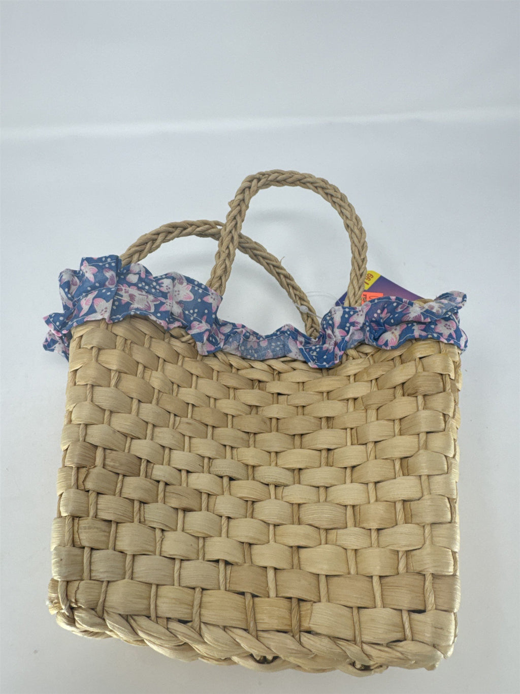 Vintage Easter Maize Basket Woven Wicker Pink Floral Ruffle Lining with Handles