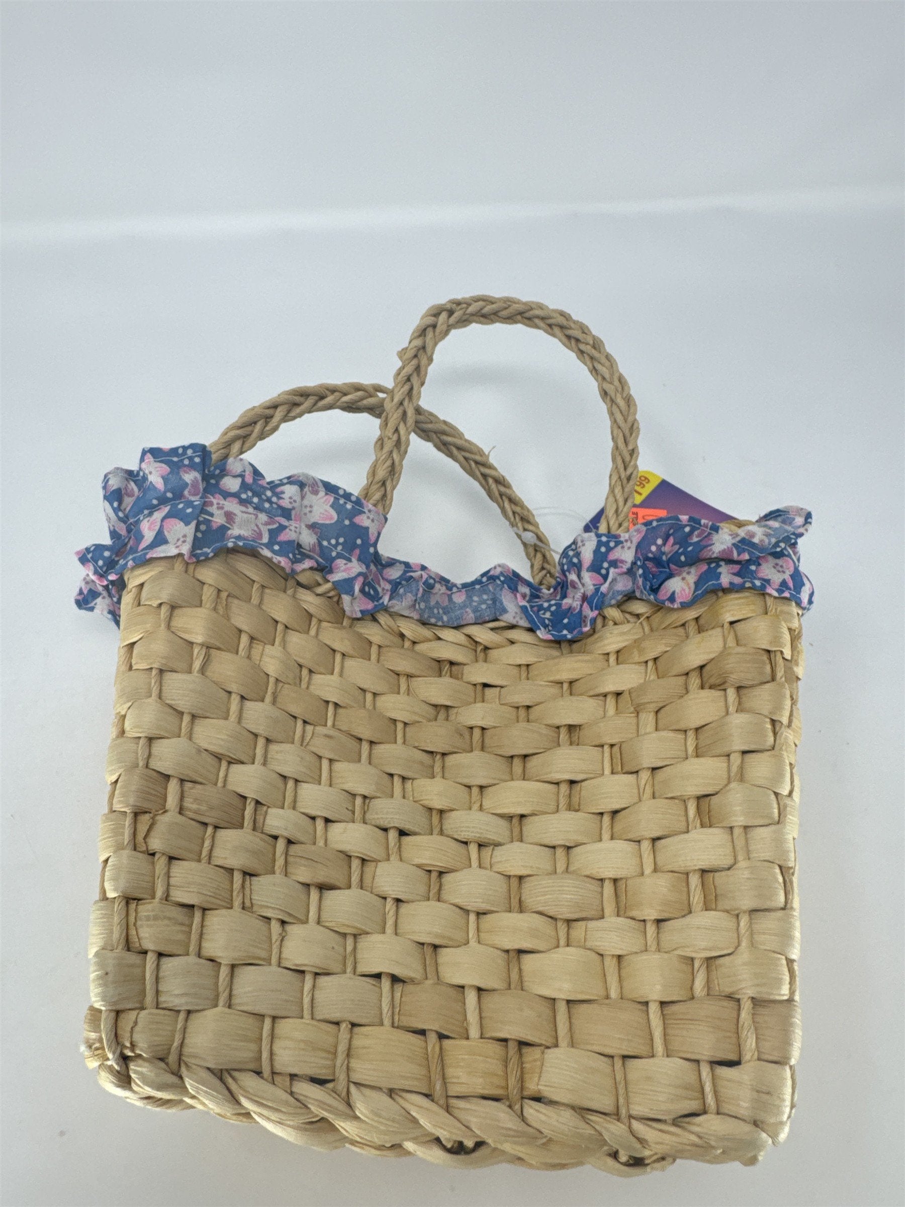 Vintage Easter Maize Basket Woven Wicker Pink Floral Ruffle Lining with Handles