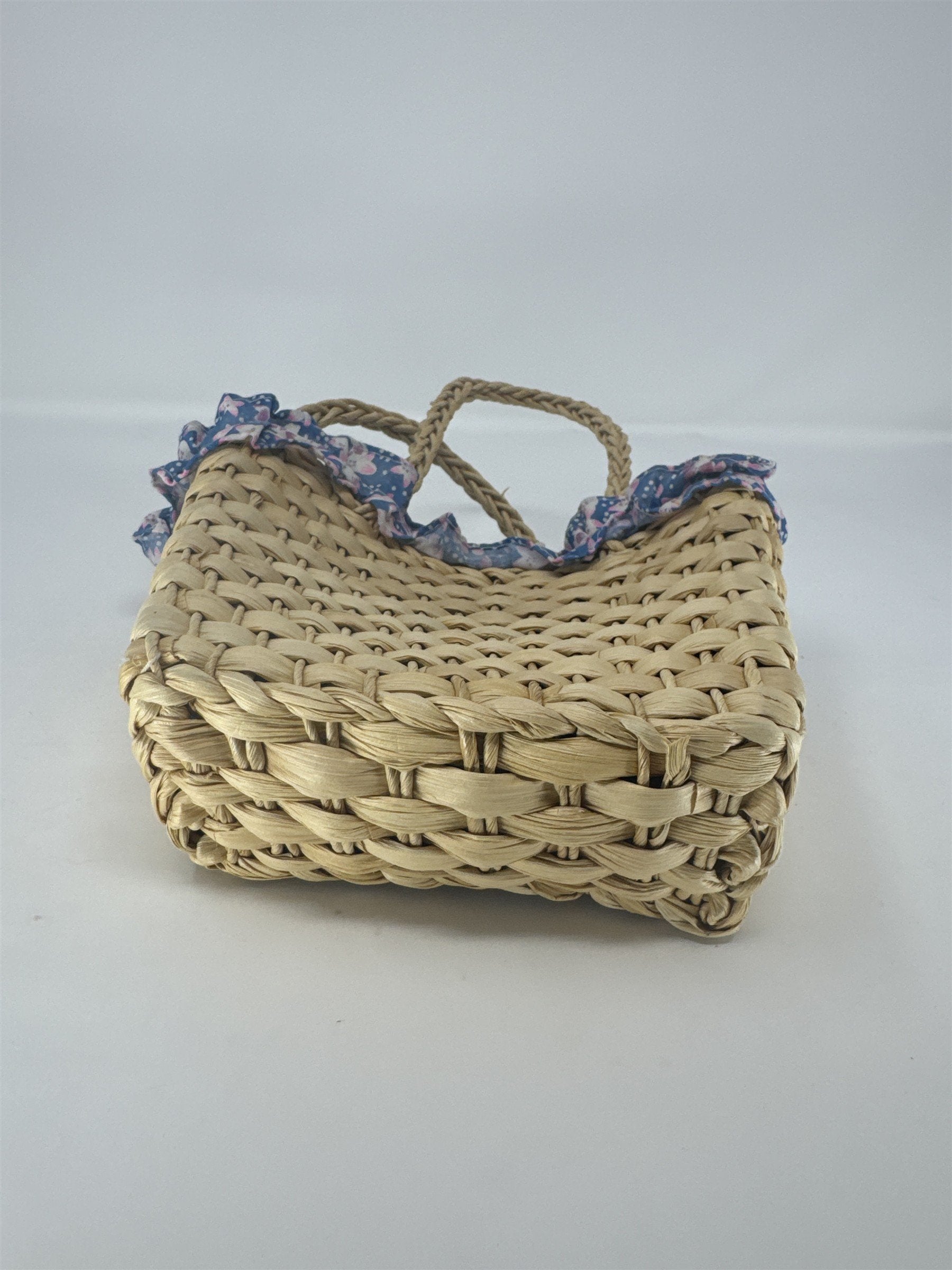 Vintage Easter Maize Basket Woven Wicker Pink Floral Ruffle Lining with Handles