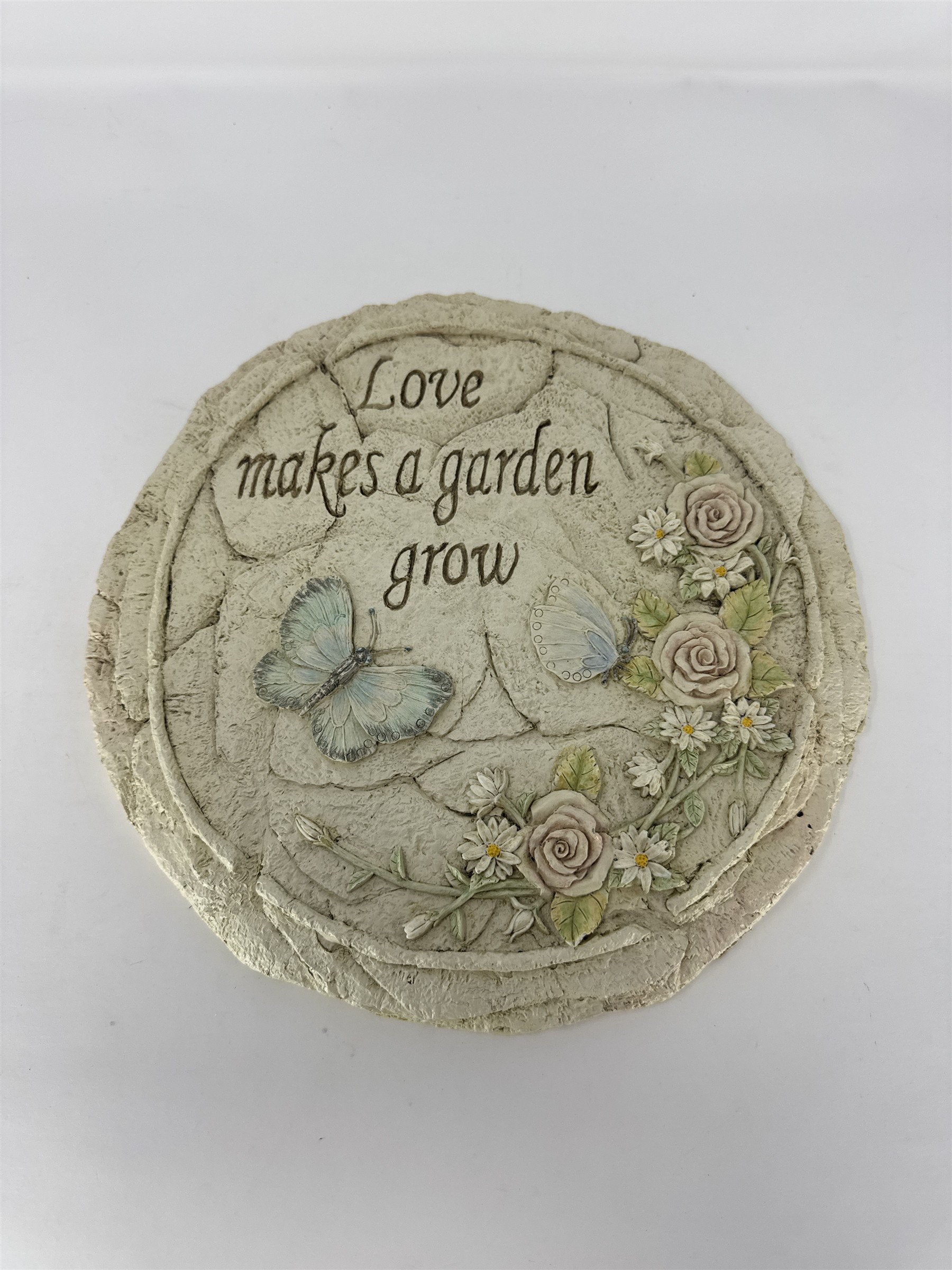 Love Makes a Garden Grow Stone Plaque Wall Hanging Butterflies Roses Floral