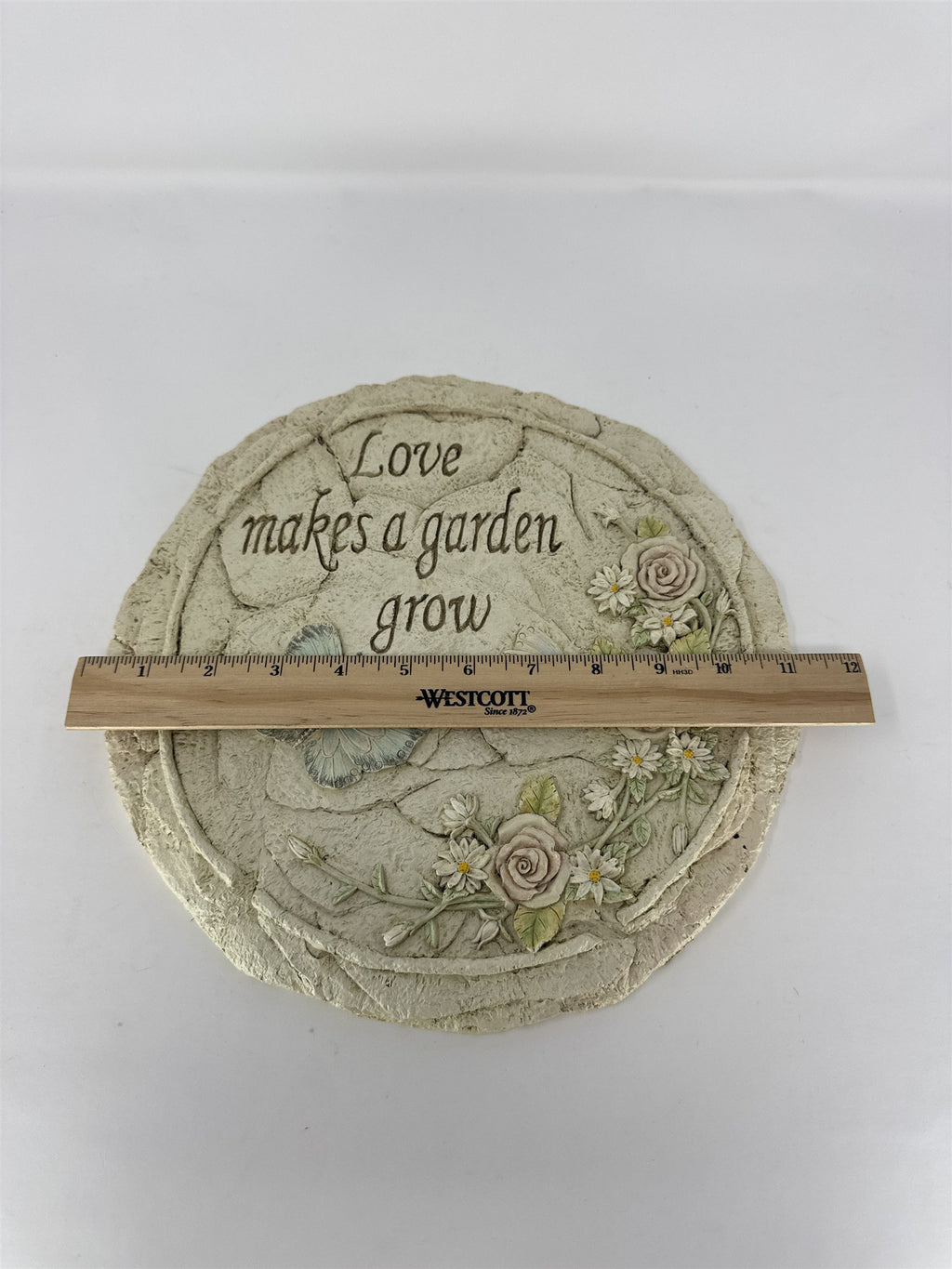 Love Makes a Garden Grow Stone Plaque Wall Hanging Butterflies Roses Floral