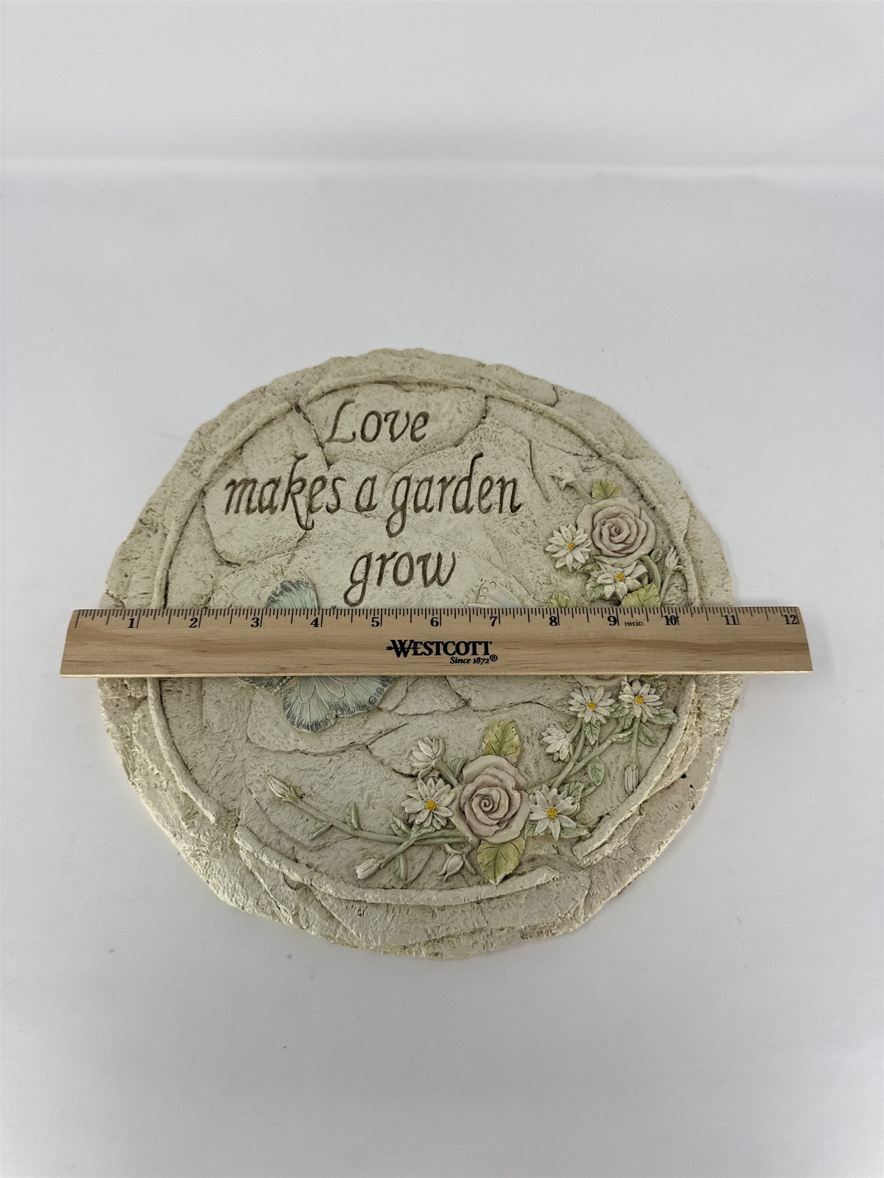 Love Makes a Garden Grow Stone Plaque Wall Hanging Butterflies Roses Floral