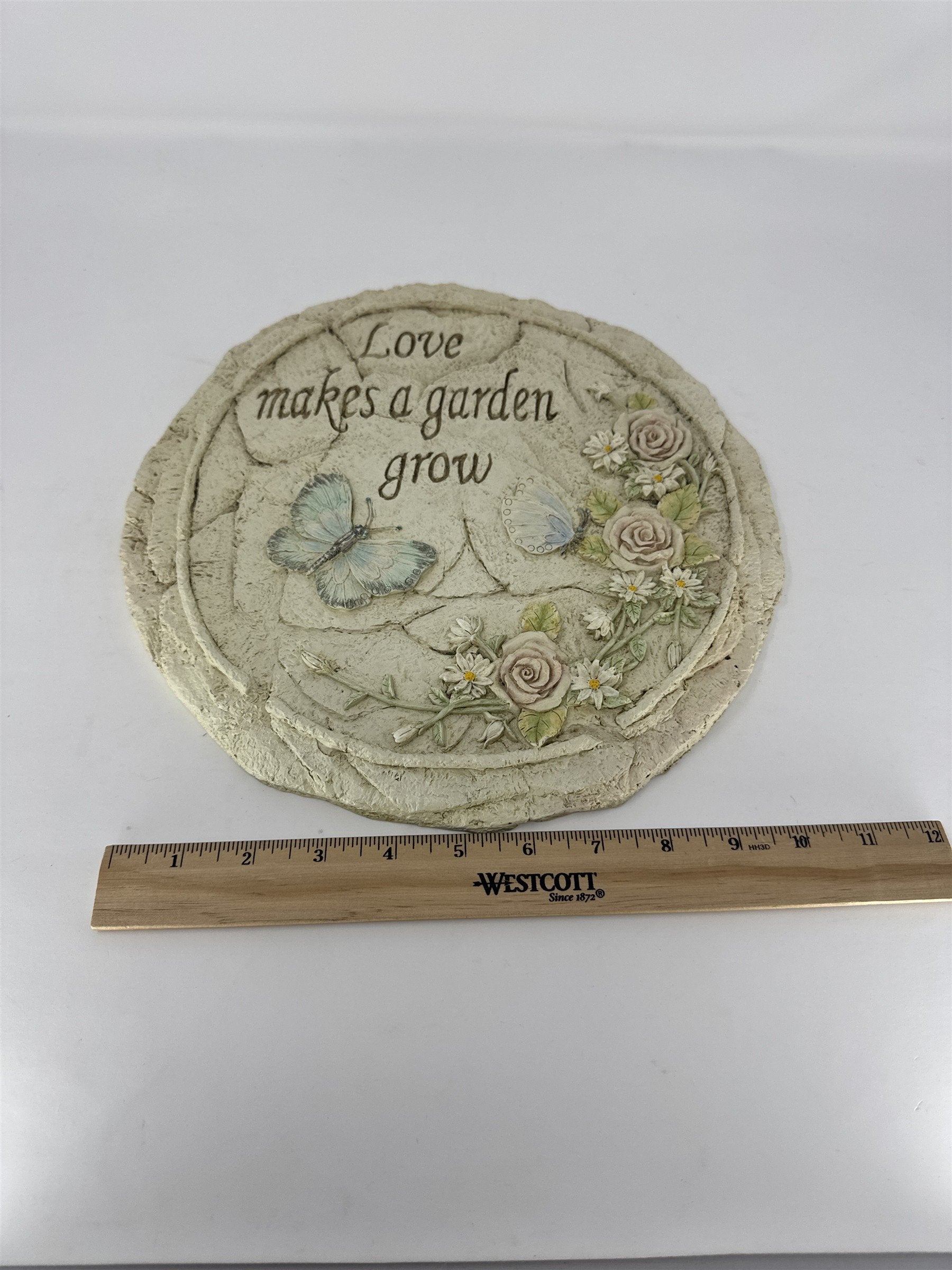 Love Makes a Garden Grow Stone Plaque Wall Hanging Butterflies Roses Floral