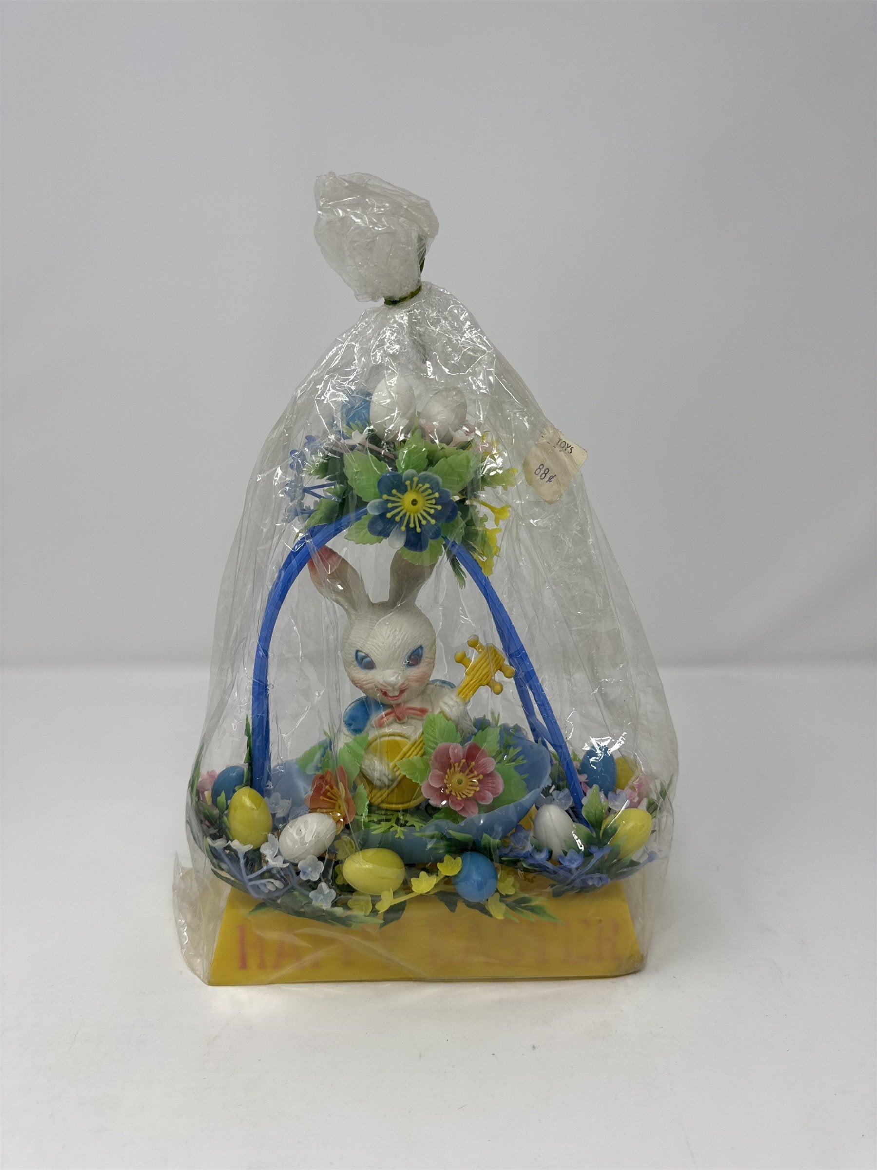 Vintage Happy Easter Bunny Trellis Banjo Eggs Flowers Plastic Decor Toy Retro