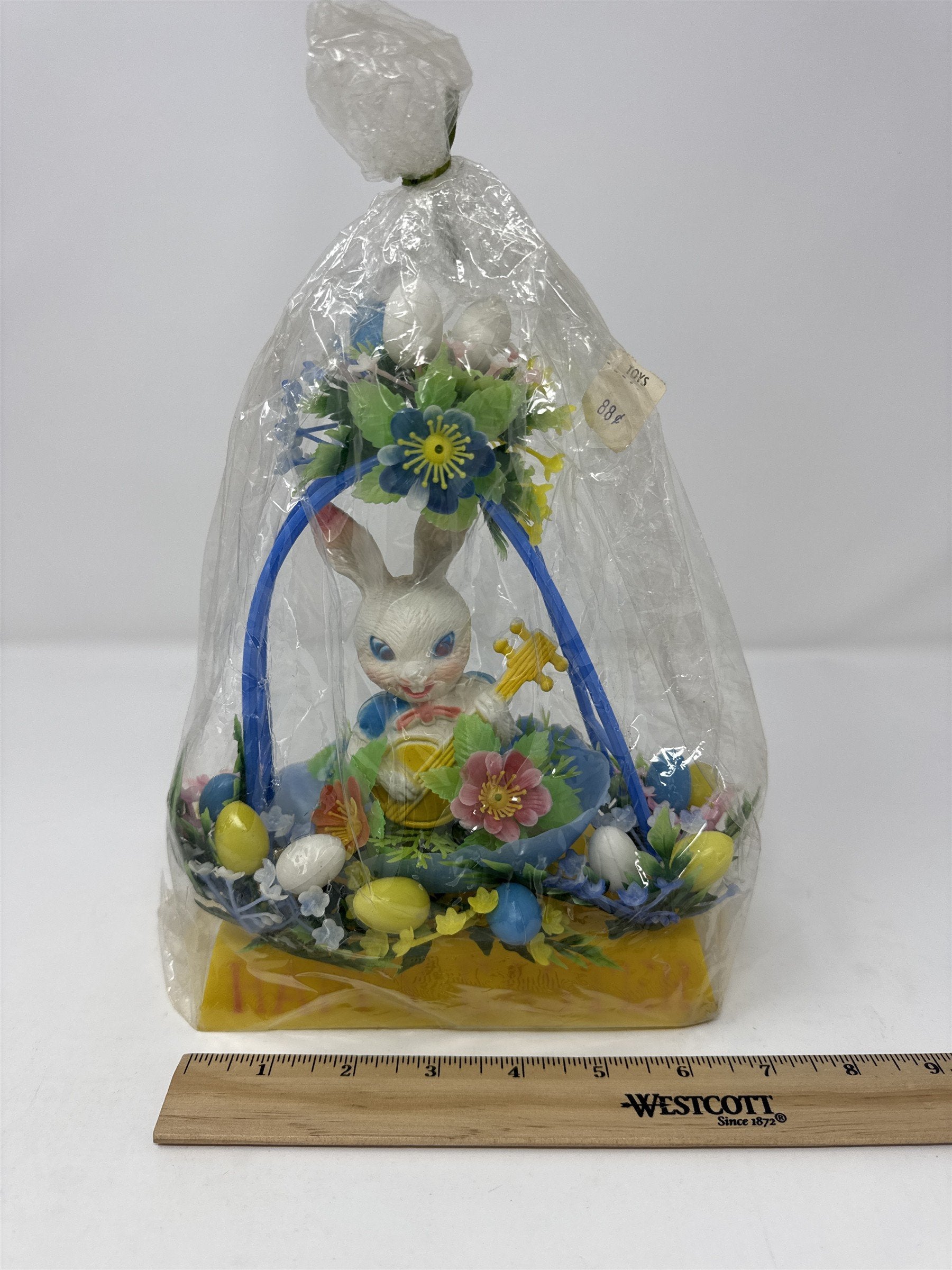 Vintage Happy Easter Bunny Trellis Banjo Eggs Flowers Plastic Decor Toy Retro