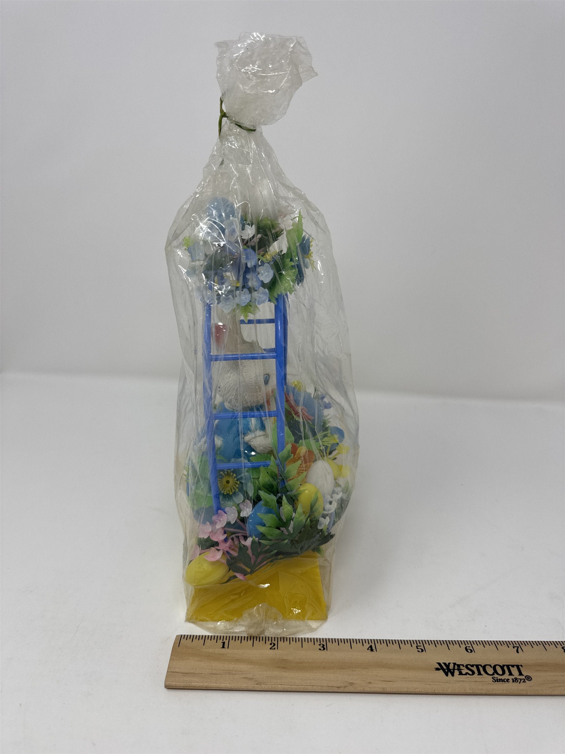 Vintage Happy Easter Bunny Trellis Banjo Eggs Flowers Plastic Decor Toy Retro