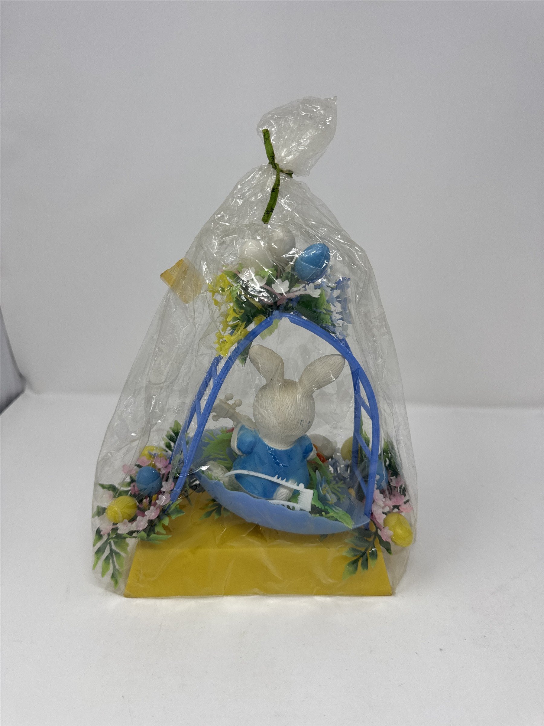 Vintage Happy Easter Bunny Trellis Banjo Eggs Flowers Plastic Decor Toy Retro