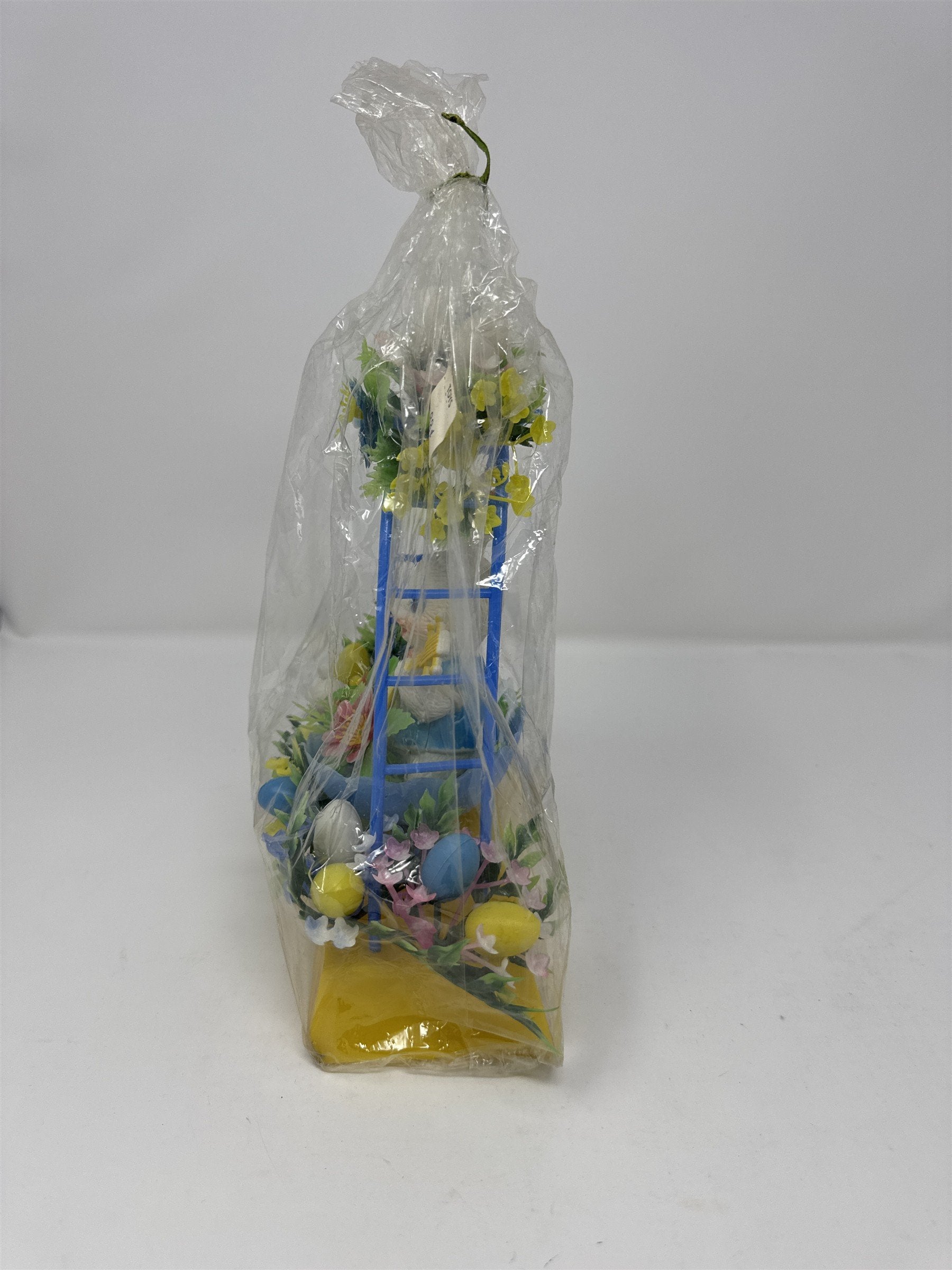 Vintage Happy Easter Bunny Trellis Banjo Eggs Flowers Plastic Decor Toy Retro