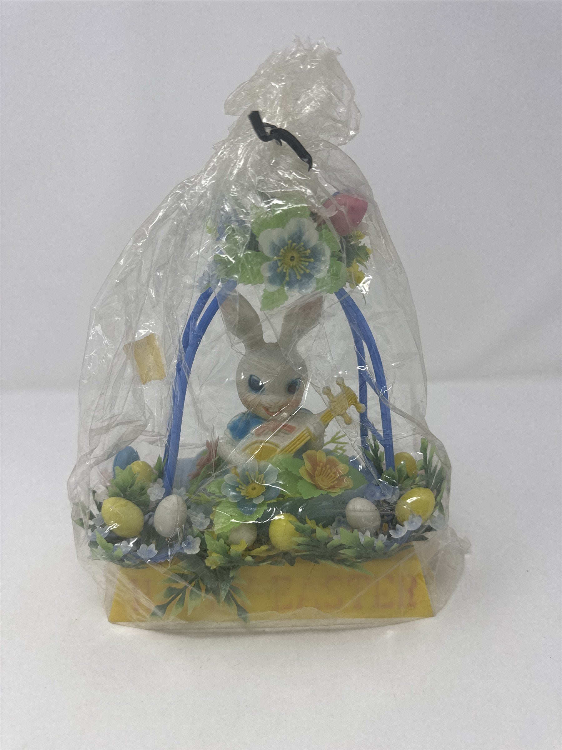 Vintage Happy Easter Bunny Trellis Banjo Eggs Flowers Plastic Decor Retro Toy
