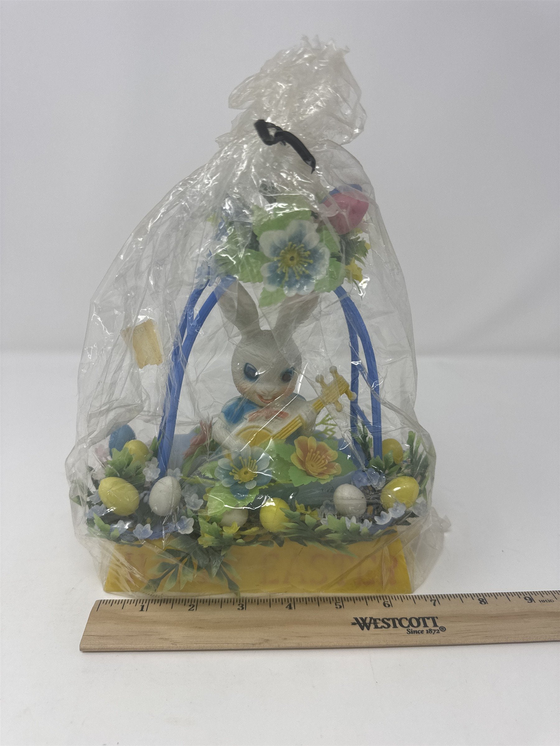 Vintage Happy Easter Bunny Trellis Banjo Eggs Flowers Plastic Decor Retro Toy