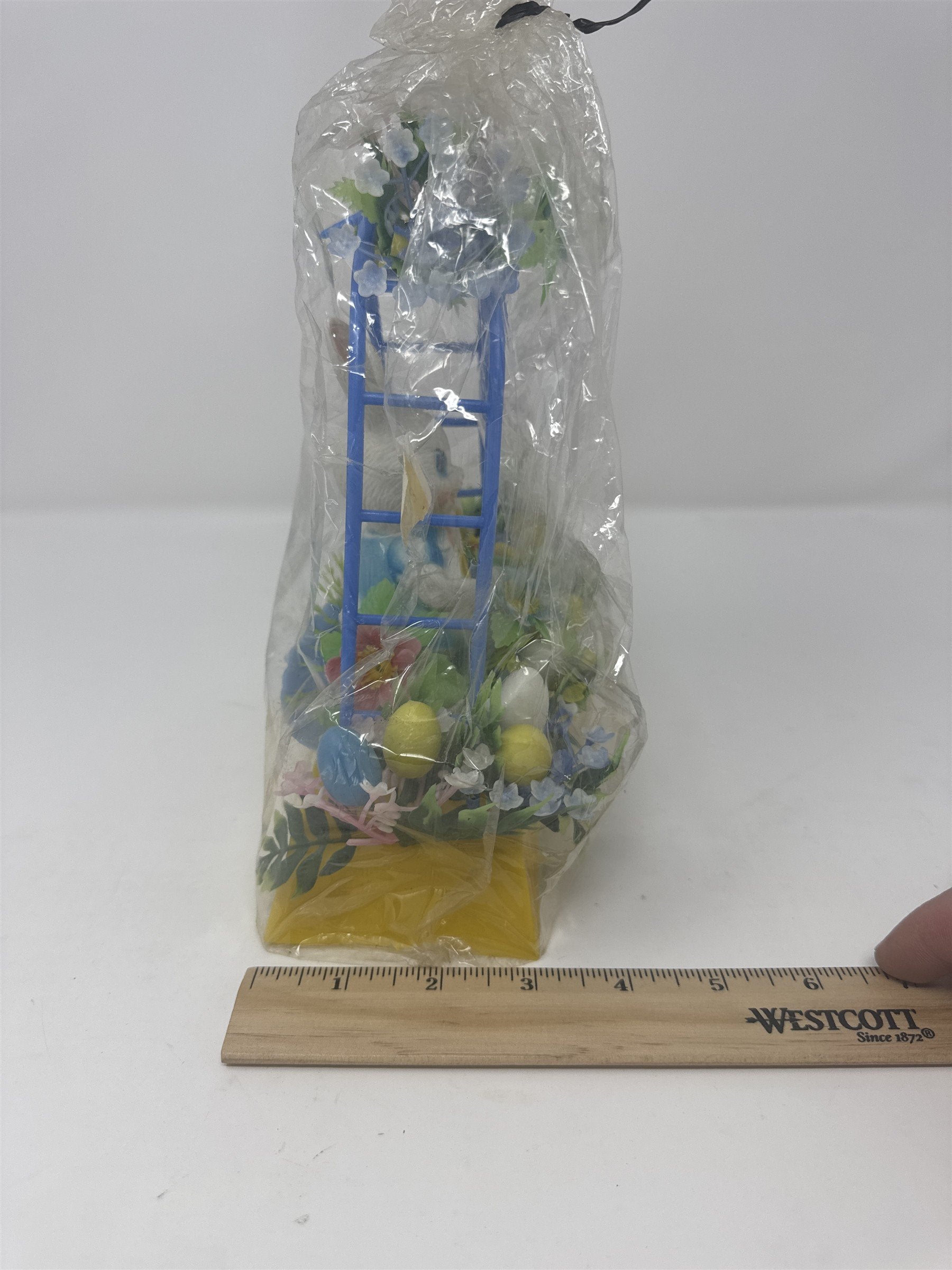 Vintage Happy Easter Bunny Trellis Banjo Eggs Flowers Plastic Decor Retro Toy
