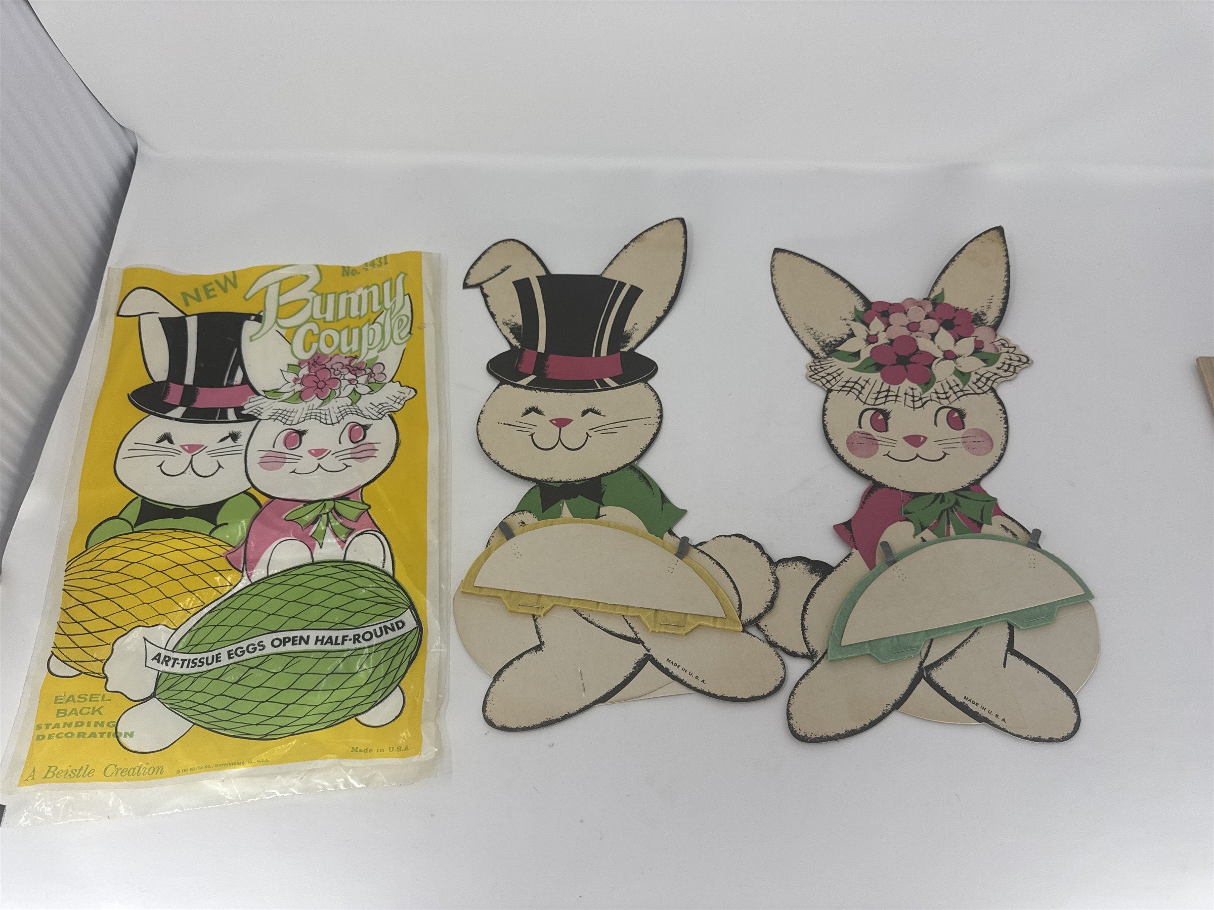 Vintage Beistle Easter Bunny Couple No 4431 Standing Art-Tissue Eggs Decor 12"
