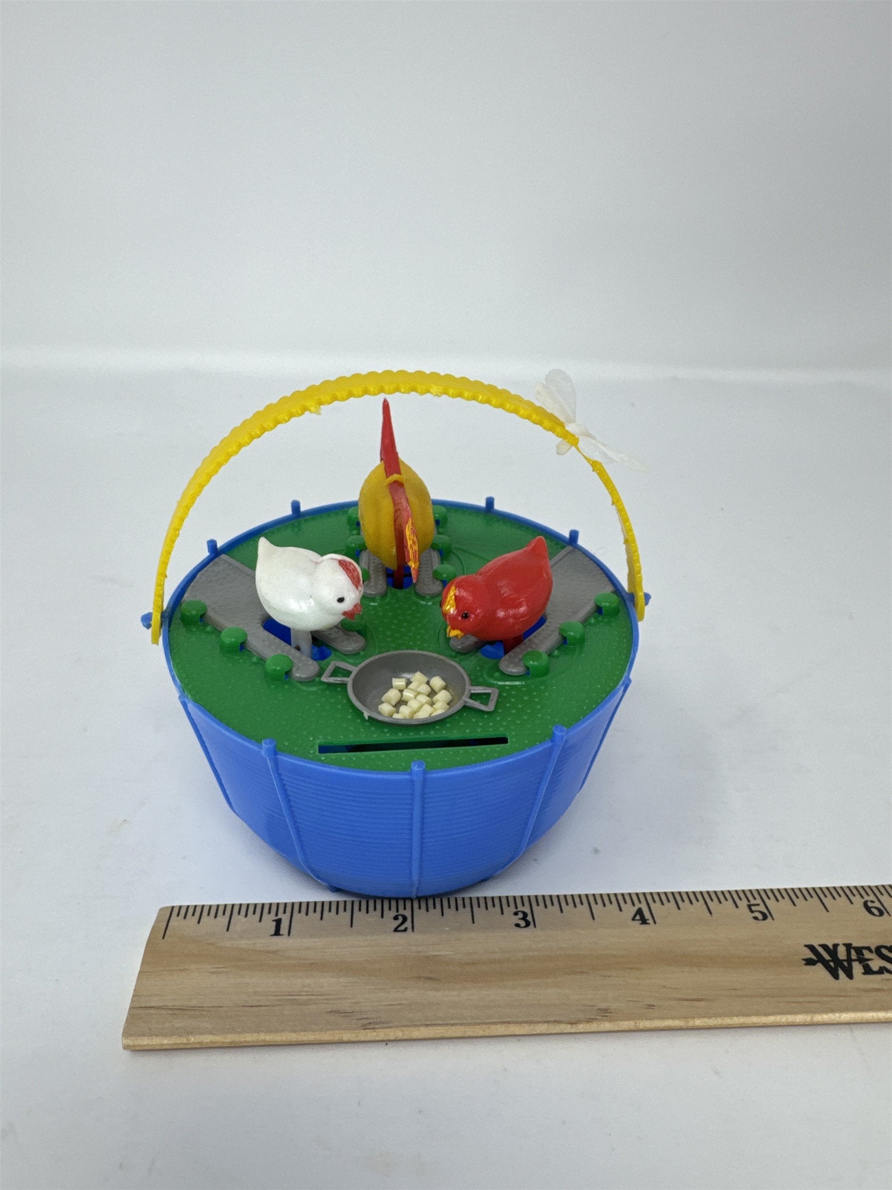 Vintage Hong Kong Plastic Pecking Chickens Coin Bank Toy 1960s Retro Blue