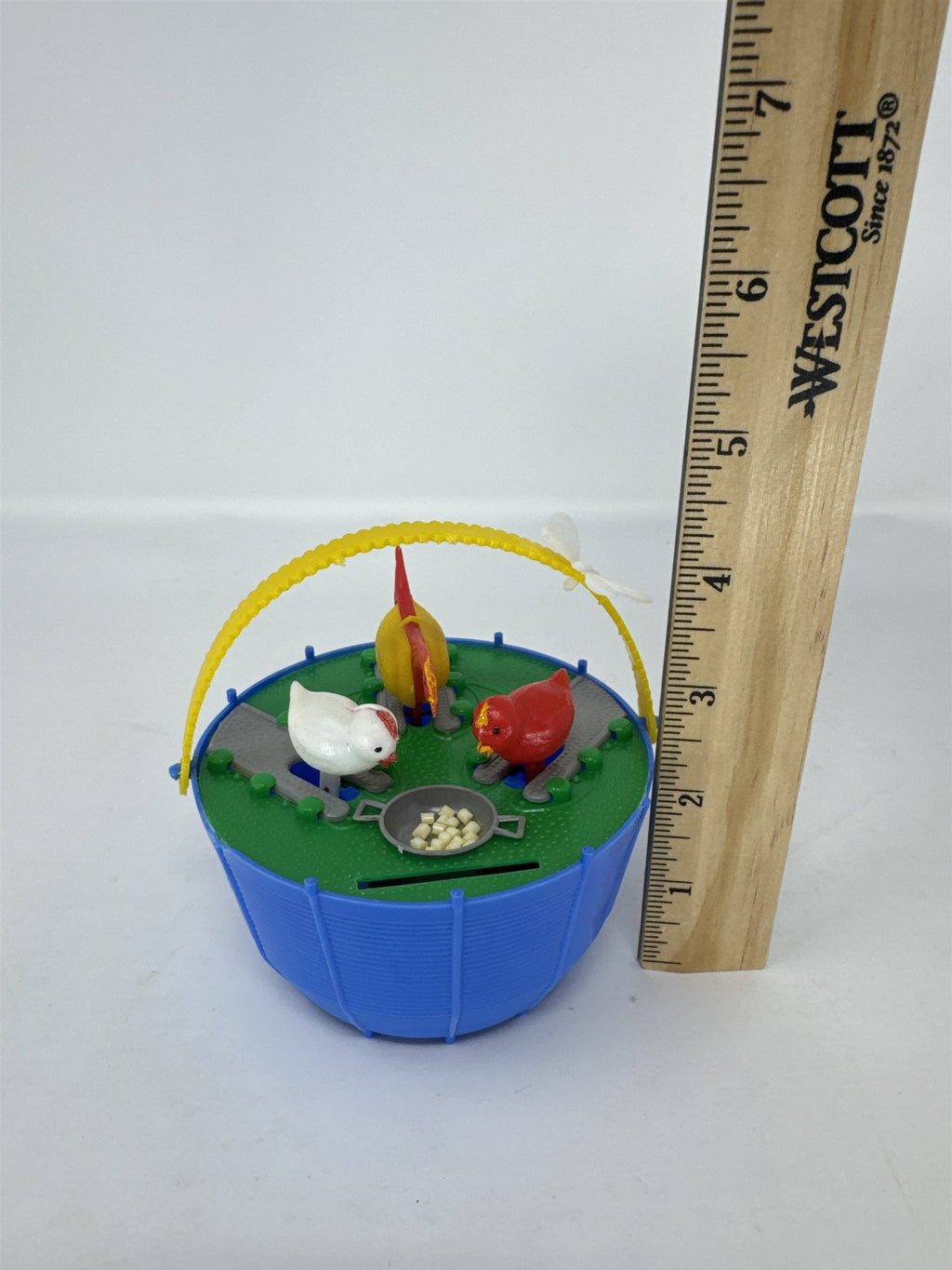 Vintage Hong Kong Plastic Pecking Chickens Coin Bank Toy 1960s Retro Blue