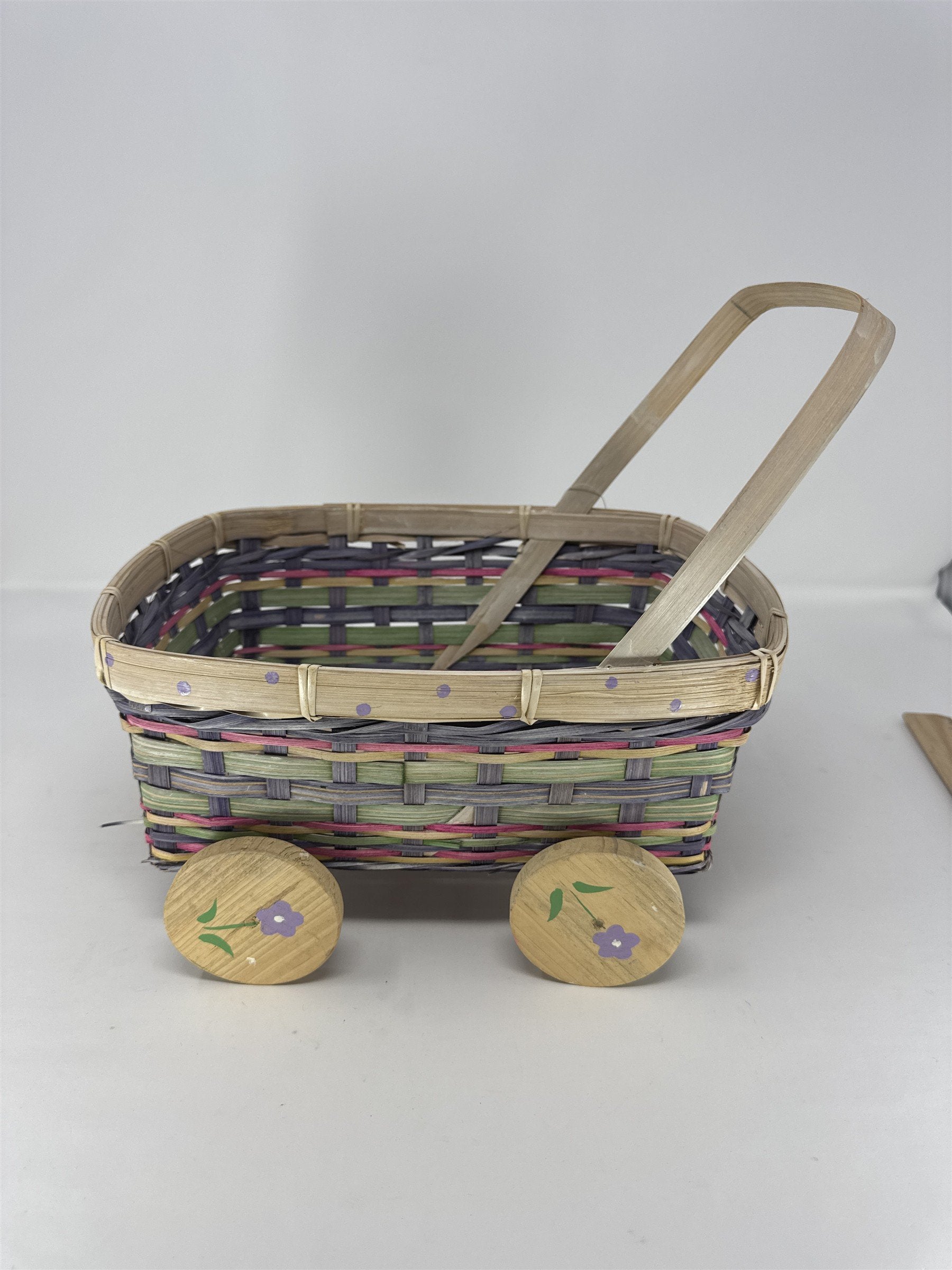 Vintage Eckerd Easter Basket Cart Wheeled Wicker Toy #99524 Purple Green