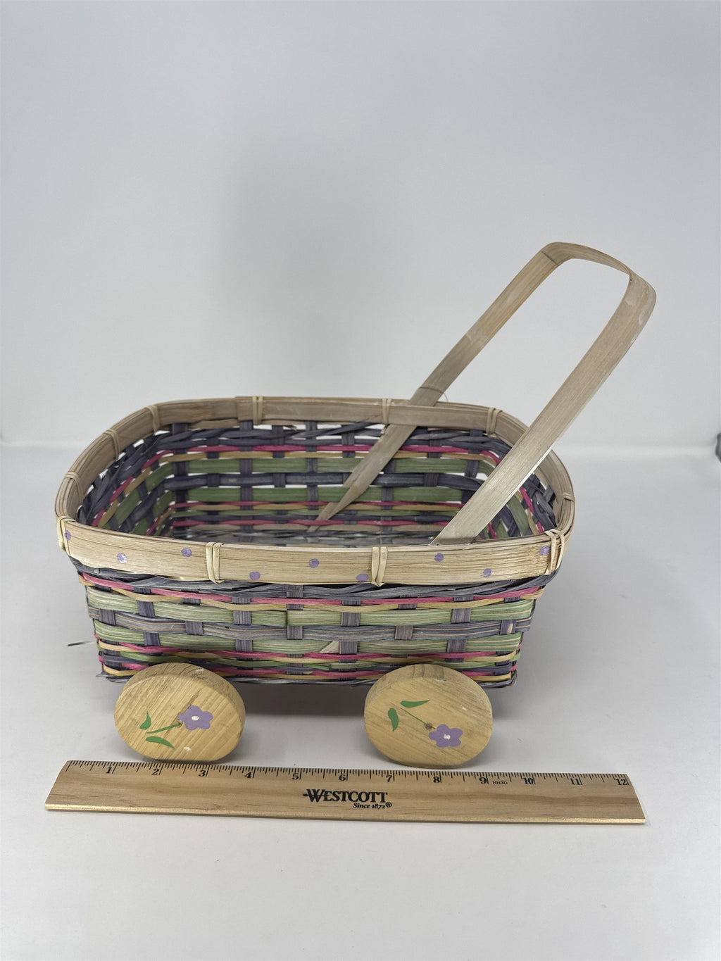 Vintage Eckerd Easter Basket Cart Wheeled Wicker Toy #99524 Purple Green