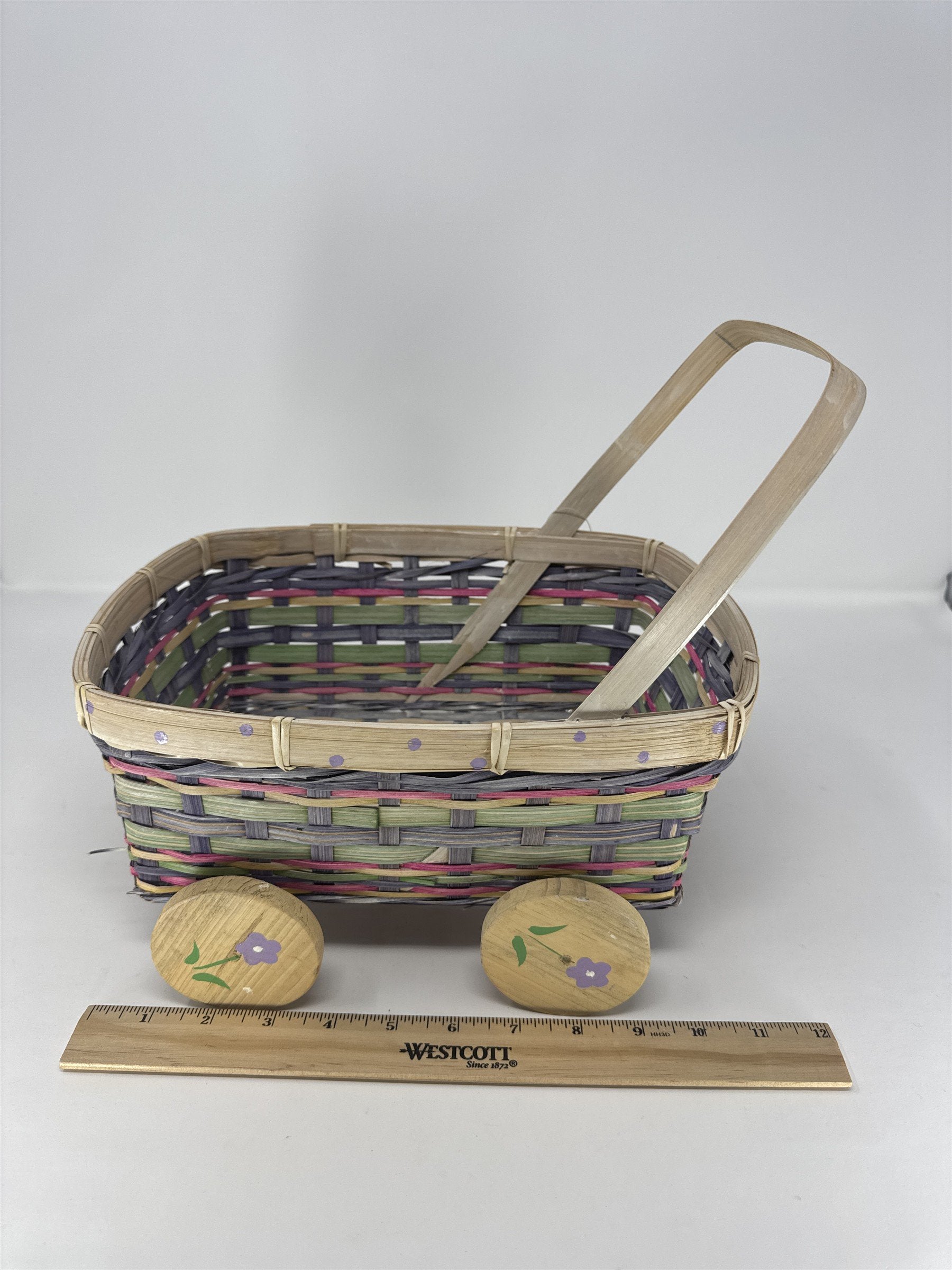 Vintage Eckerd Easter Basket Cart Wheeled Wicker Toy #99524 Purple Green