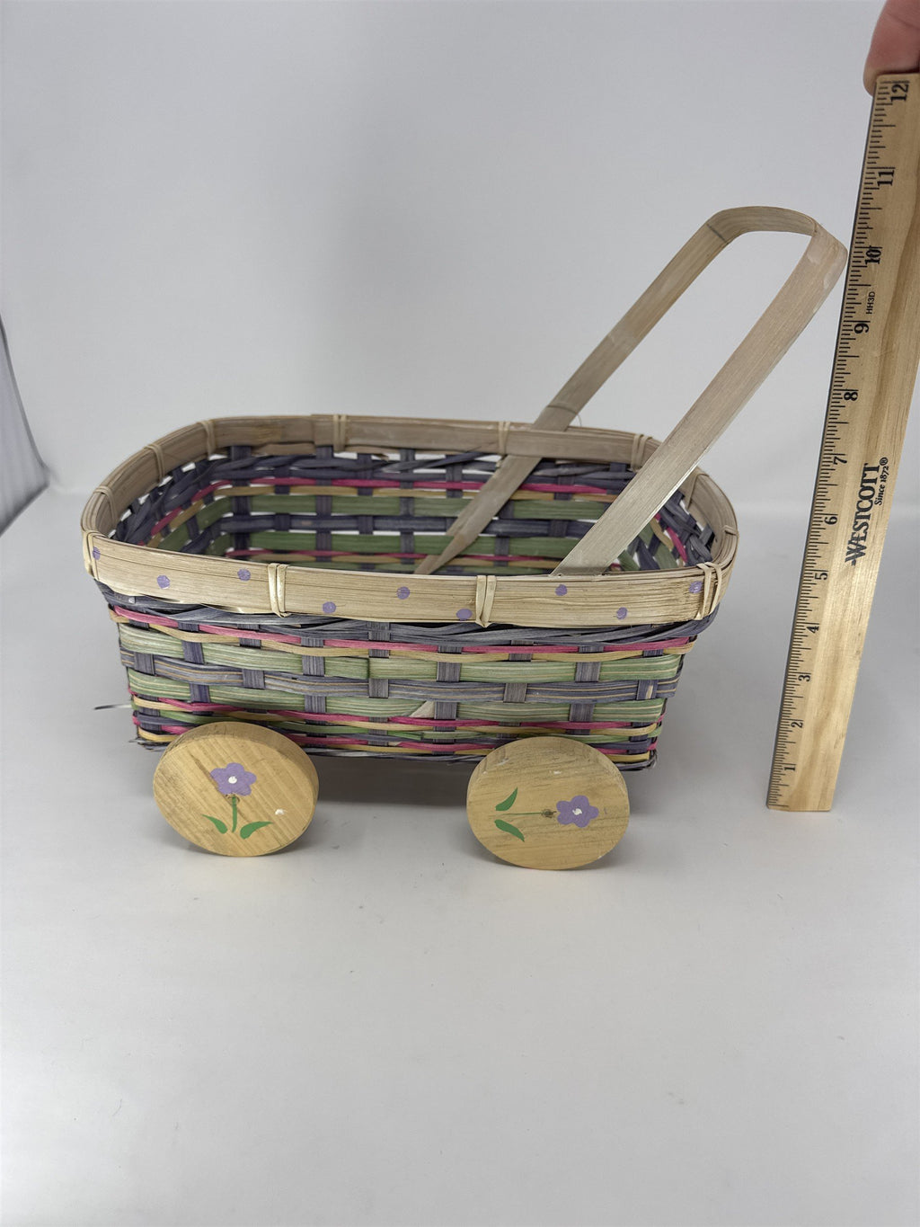 Vintage Eckerd Easter Basket Cart Wheeled Wicker Toy #99524 Purple Green