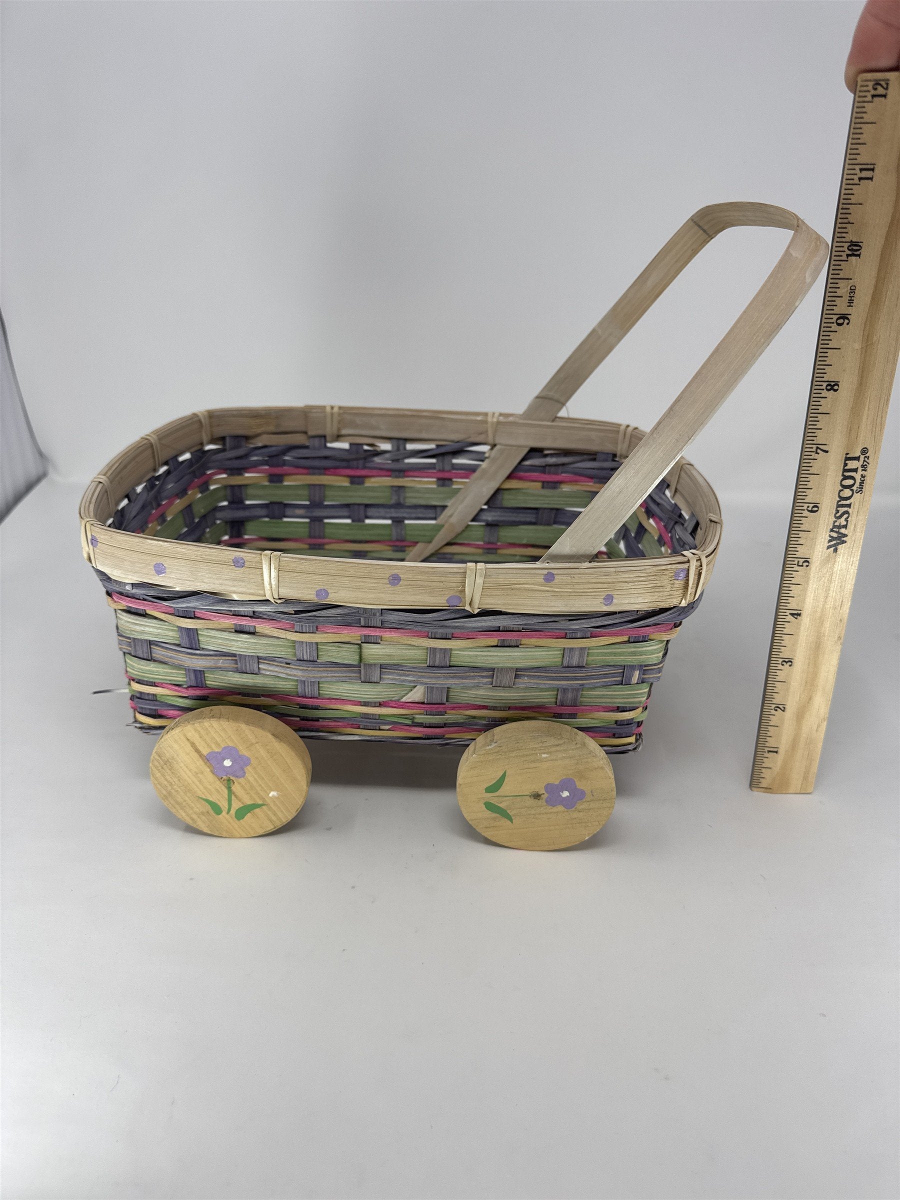 Vintage Eckerd Easter Basket Cart Wheeled Wicker Toy #99524 Purple Green