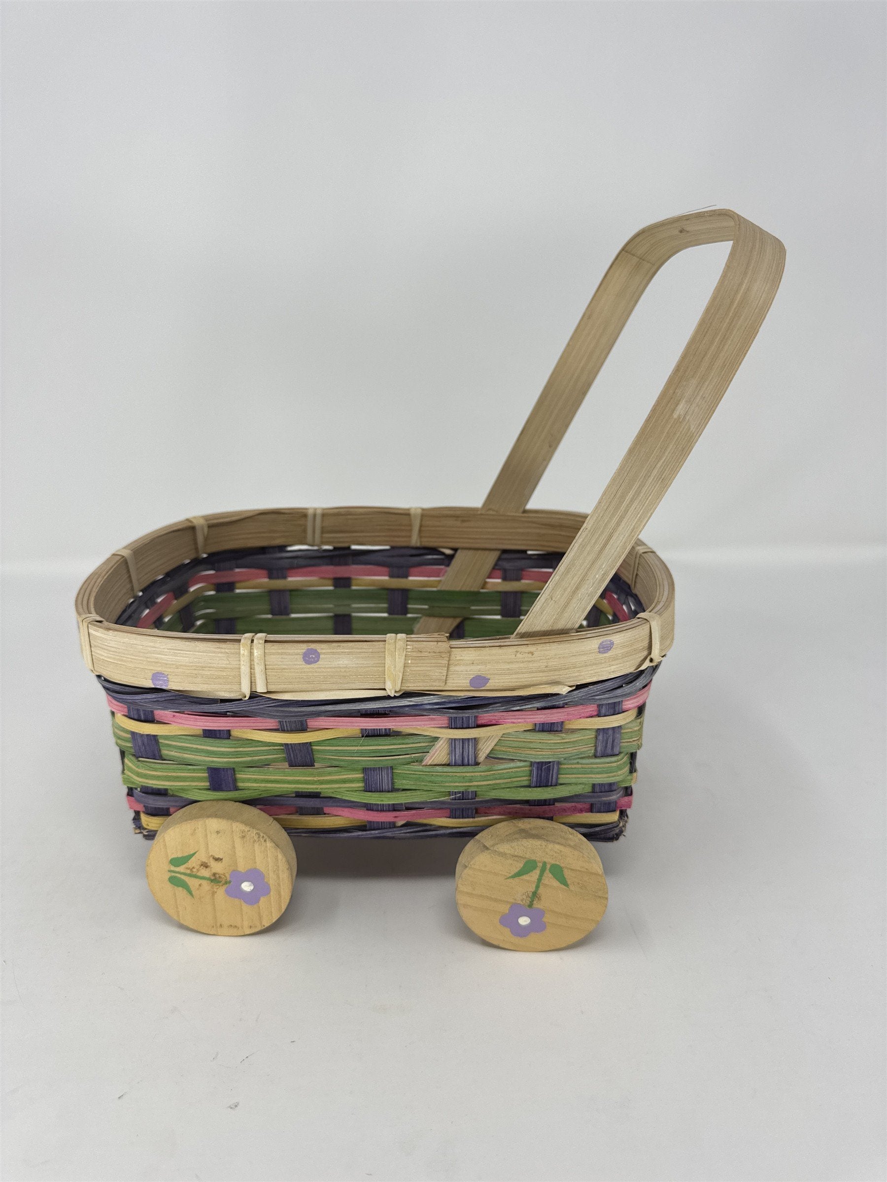 Vintage Eckerd Easter Basket Cart Wheeled Wicker Toy Purple Green Pink
