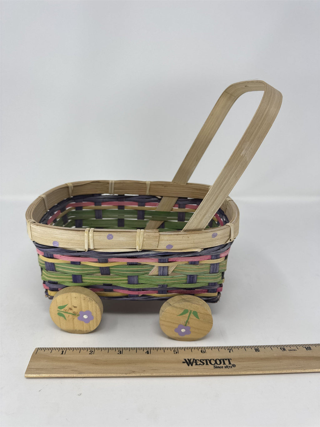 Vintage Eckerd Easter Basket Cart Wheeled Wicker Toy Purple Green Pink