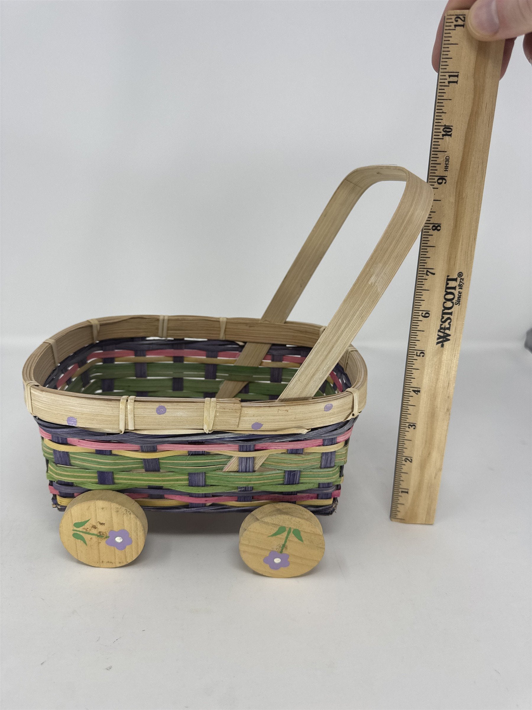 Vintage Eckerd Easter Basket Cart Wheeled Wicker Toy Purple Green Pink