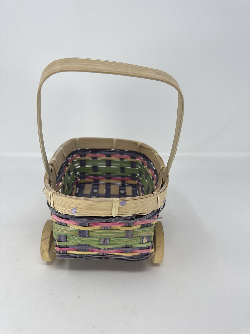 Vintage Eckerd Easter Basket Cart Wheeled Wicker Toy Purple Green Pink