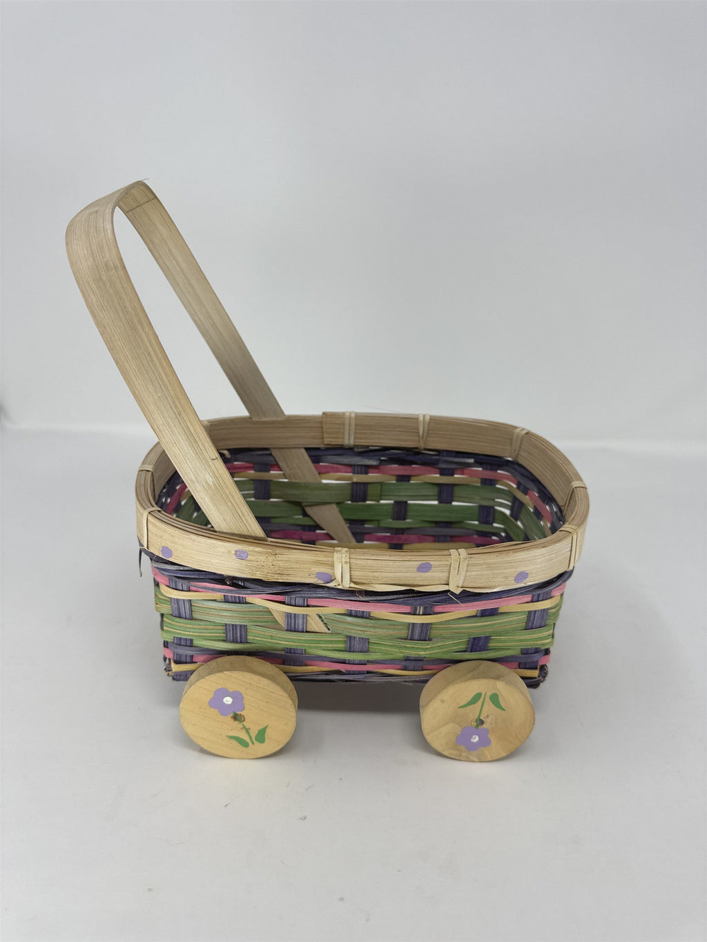 Vintage Eckerd Easter Basket Cart Wheeled Wicker Toy Purple Green Pink