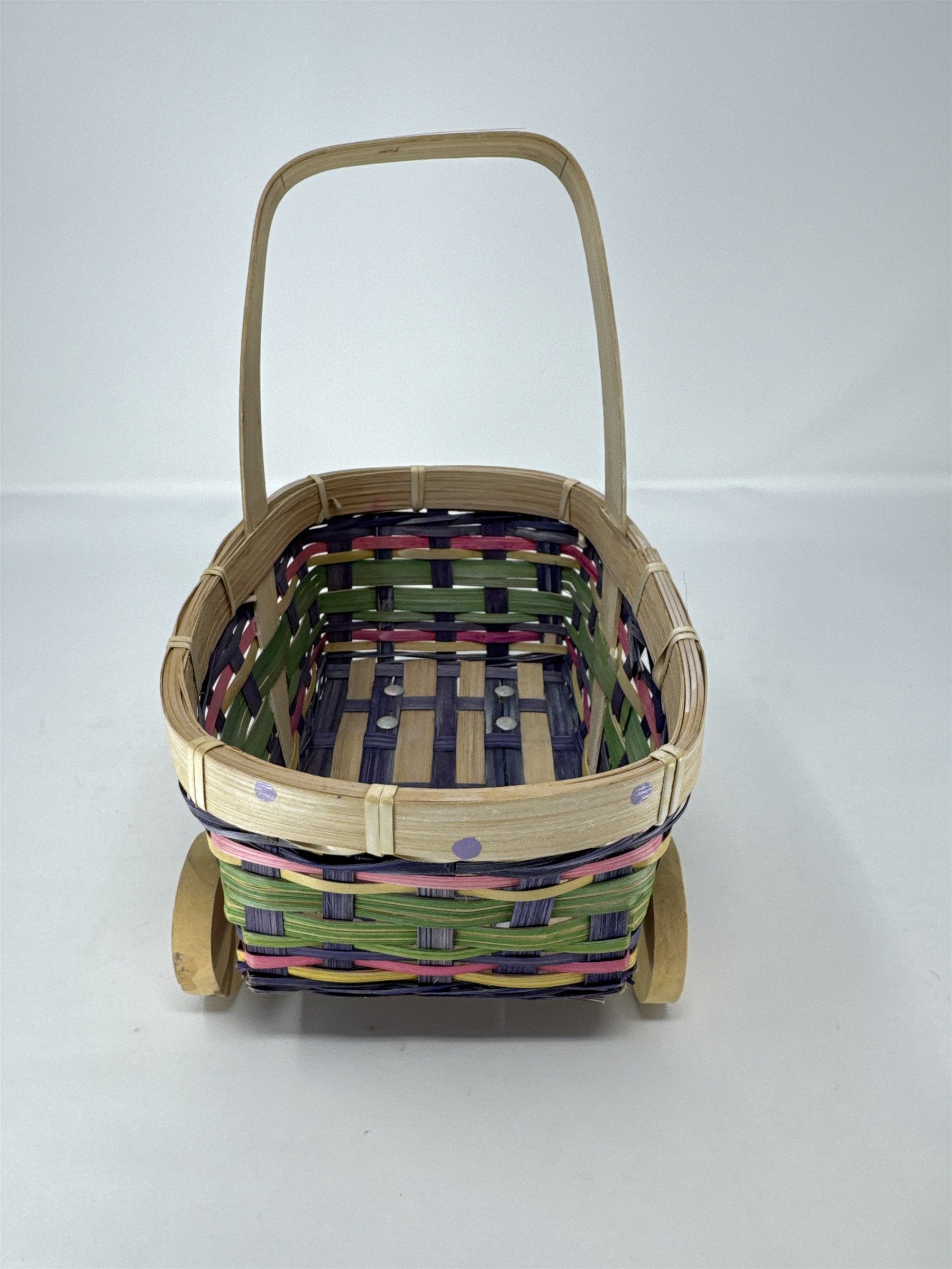 Vintage Eckerd Easter Basket Cart Wheeled Wicker Toy Purple Green Pink