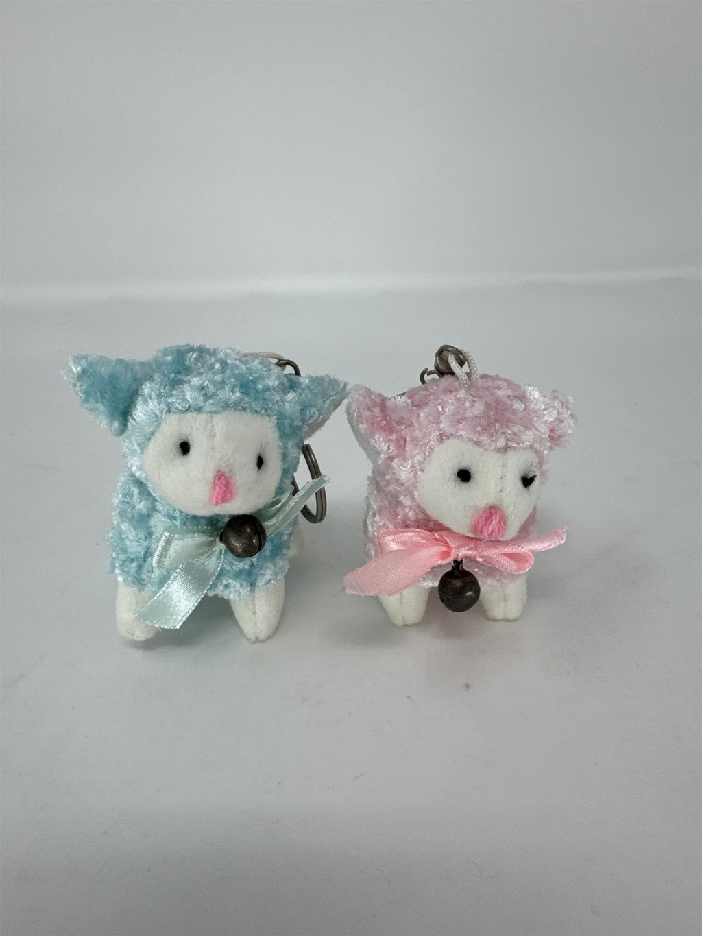 Set 2 Vintage Easter Lamb Plush Keychains Sherpa Sheep with Bells White 3"