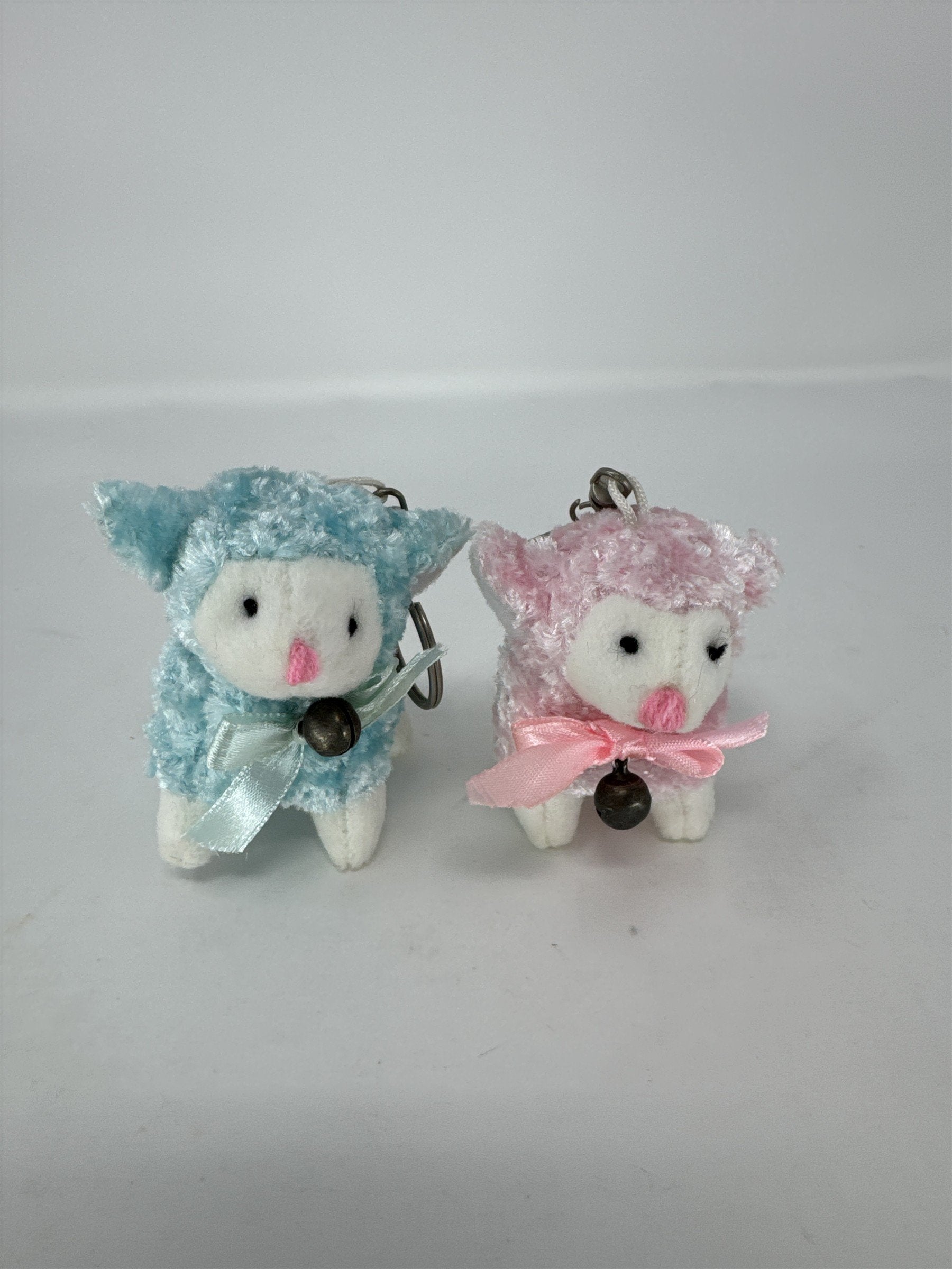 Set 2 Vintage Easter Lamb Plush Keychains Sherpa Sheep with Bells White 3"
