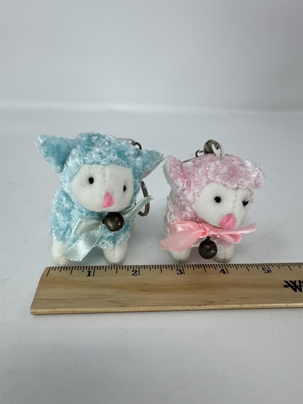 Set 2 Vintage Easter Lamb Plush Keychains Sherpa Sheep with Bells White 3"