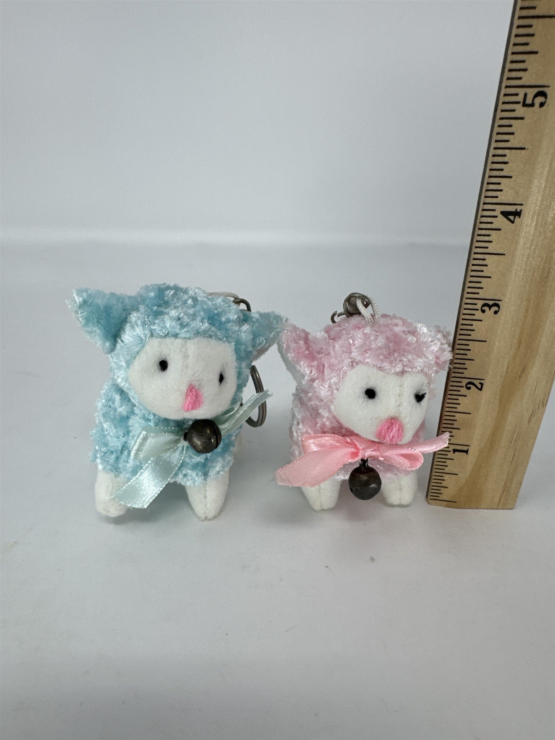 Set 2 Vintage Easter Lamb Plush Keychains Sherpa Sheep with Bells White 3"