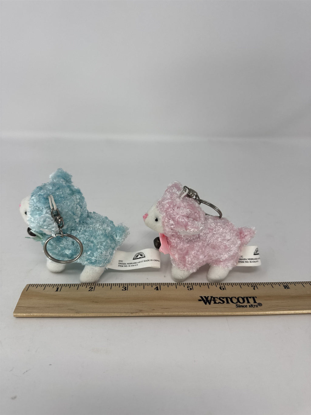 Set 2 Vintage Easter Lamb Plush Keychains Sherpa Sheep with Bells White 3"
