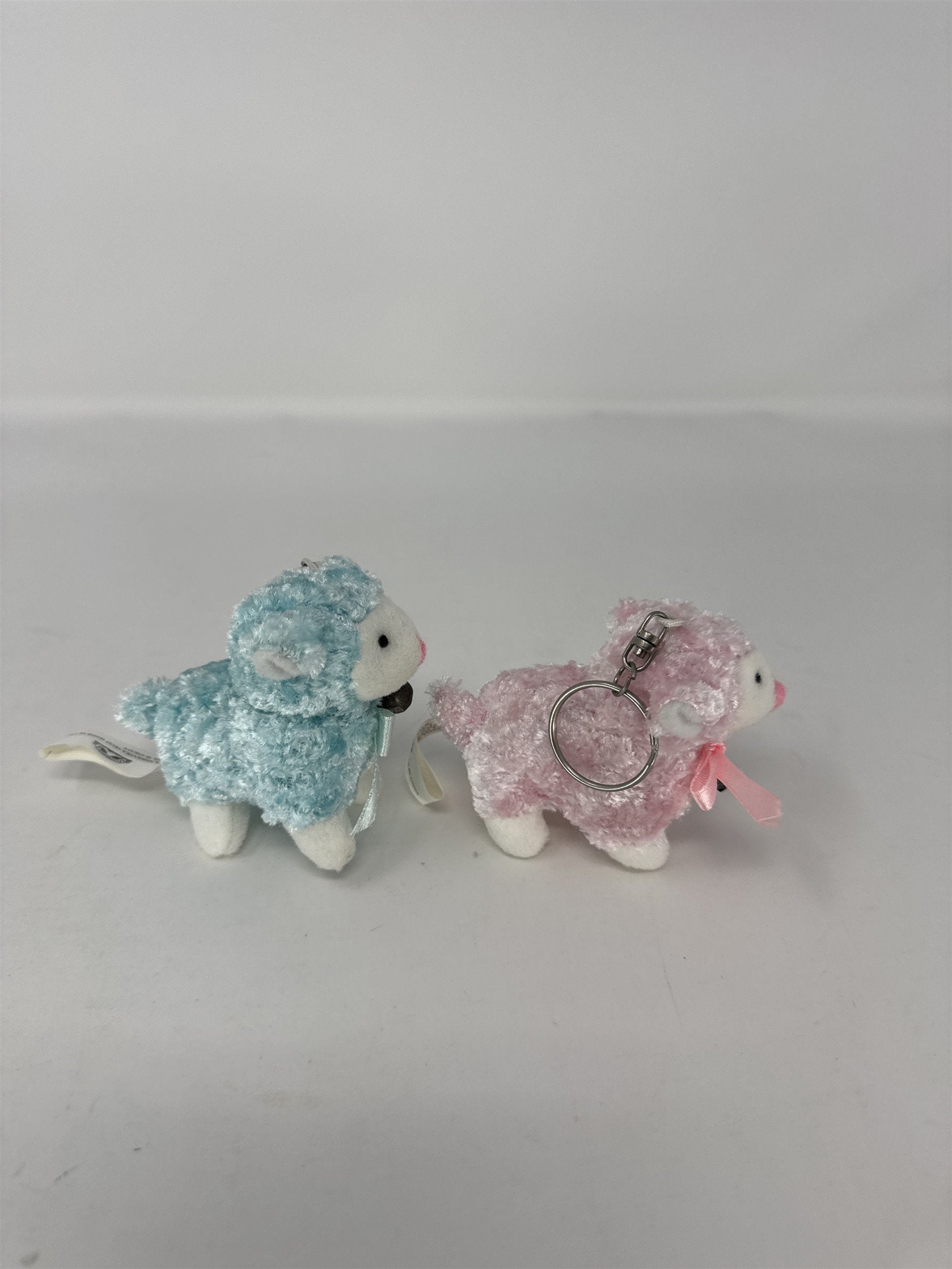 Set 2 Vintage Easter Lamb Plush Keychains Sherpa Sheep with Bells White 3"